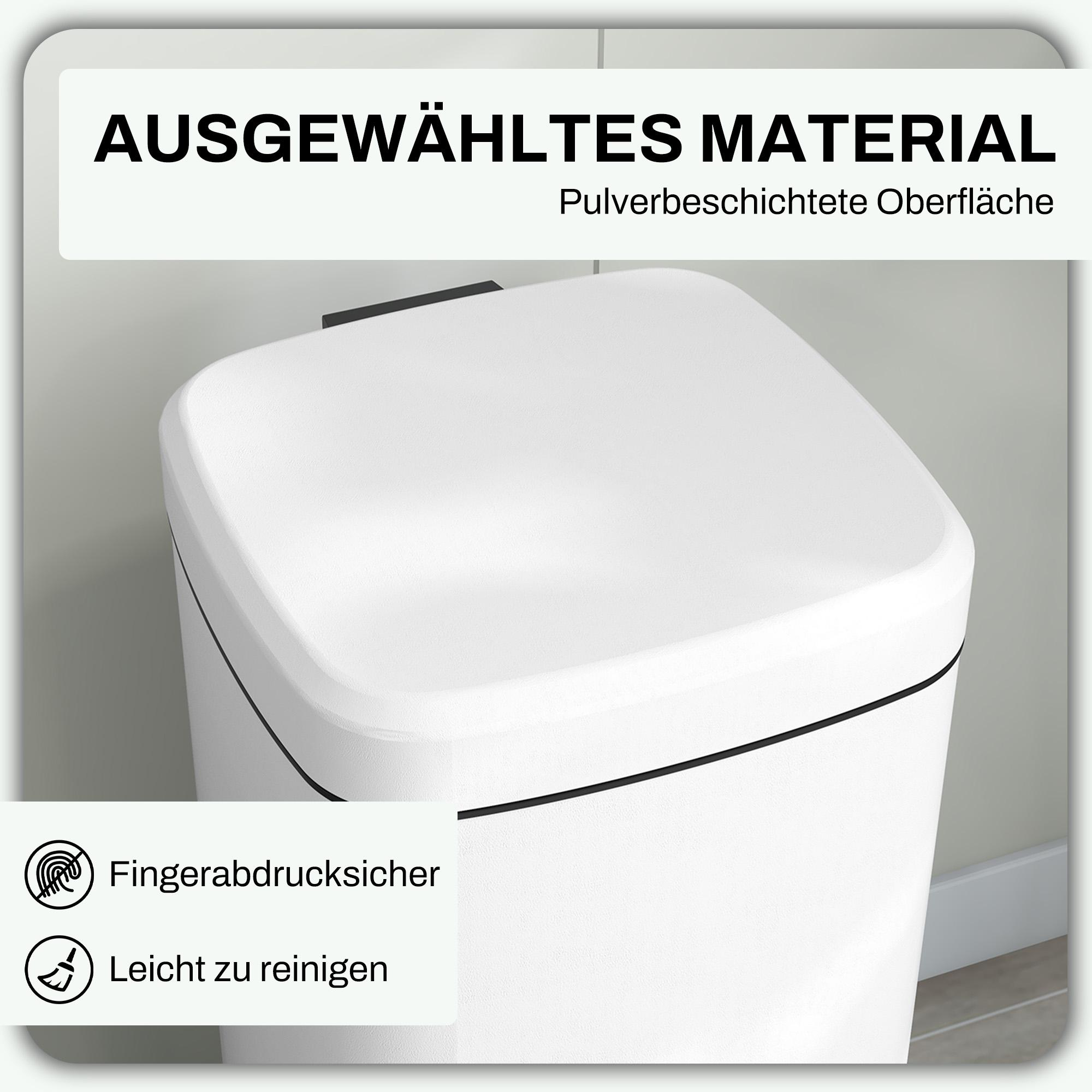 Ein weißer Mülleimer mit Deckel. Text auf Deutsch über Material und Reinigung.
