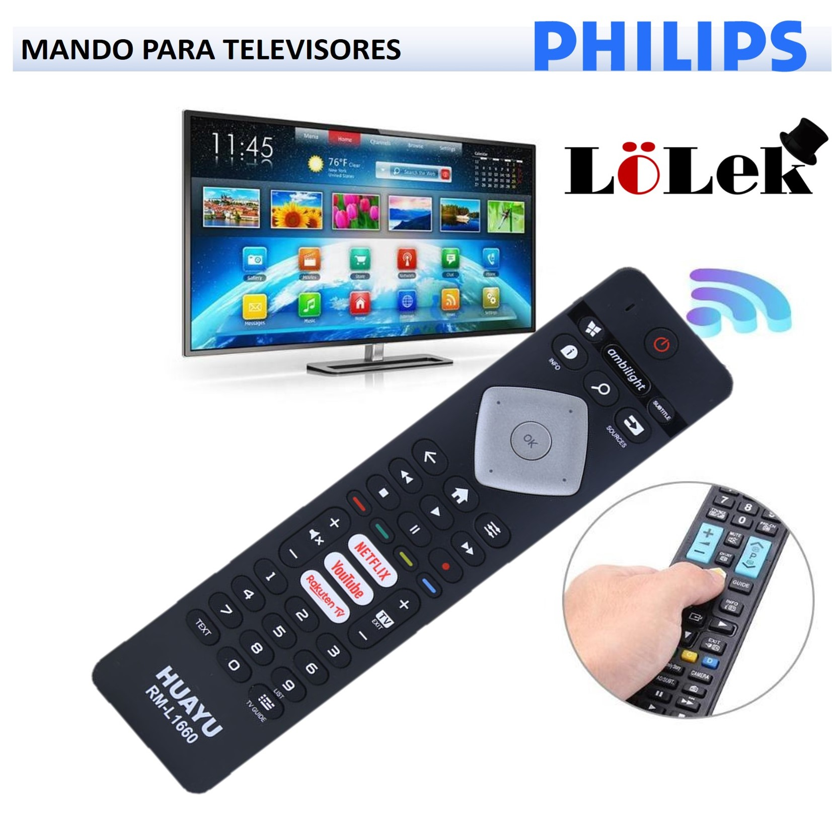 Un mando a distancia de TV Philips con muchos botones. Una mano sostiene otro mando. El nombre de la marca es visible.