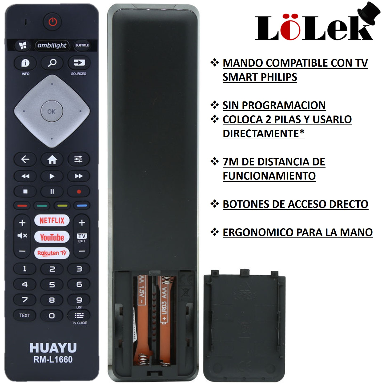 Se muestra un mando a distancia para televisores inteligentes Philips con botones y un compartimento para pilas. El texto en español describe las funciones.