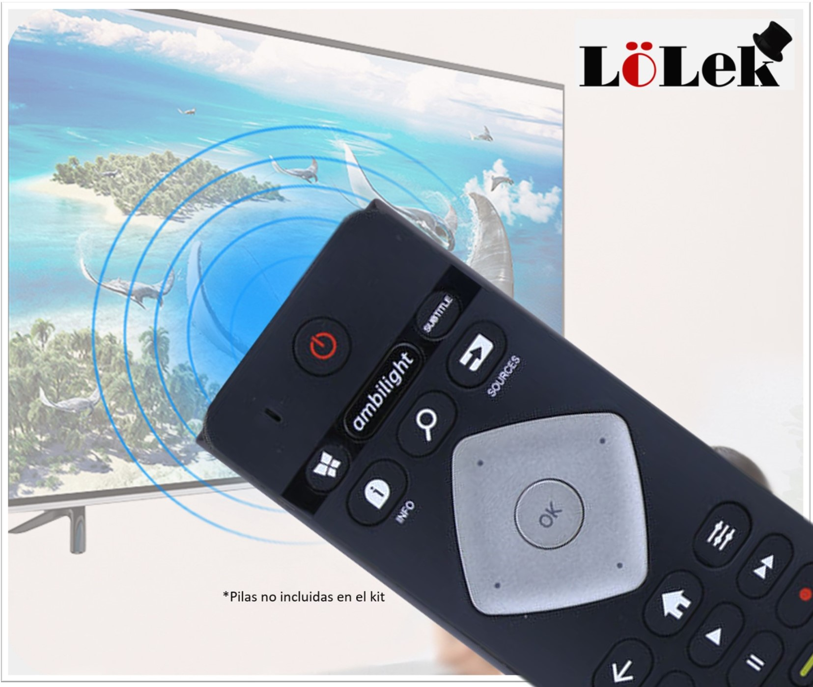 Un primer plano de un mando a distancia de TV Philips con un televisor en el fondo. La marca es visible.