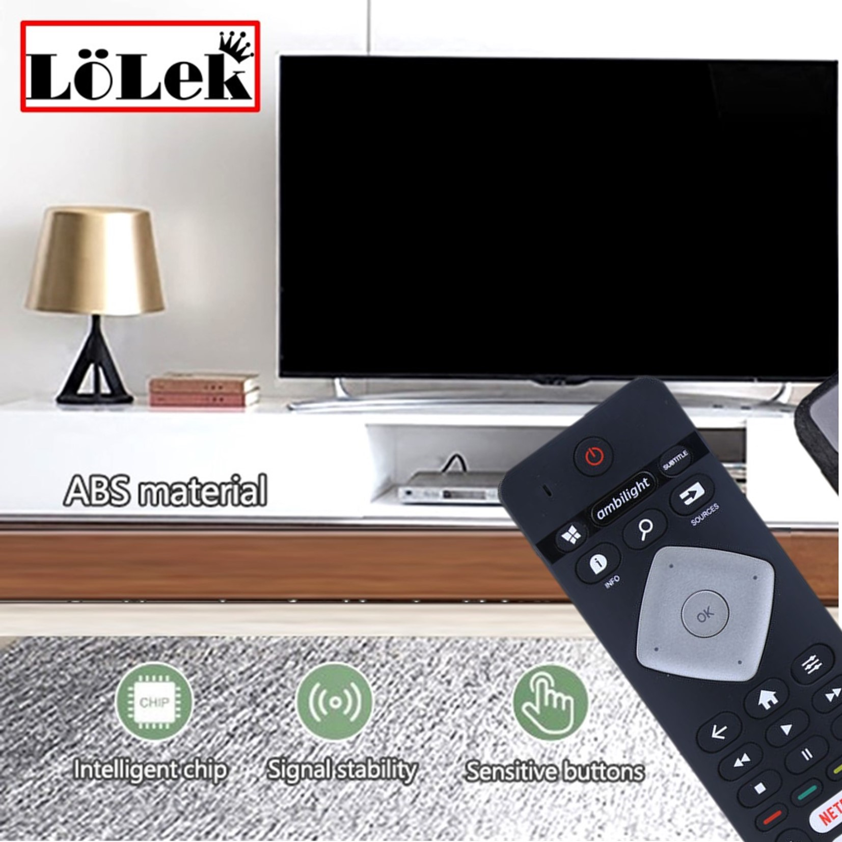 Un mando a distancia de TV, un televisor y texto promocionando funciones.