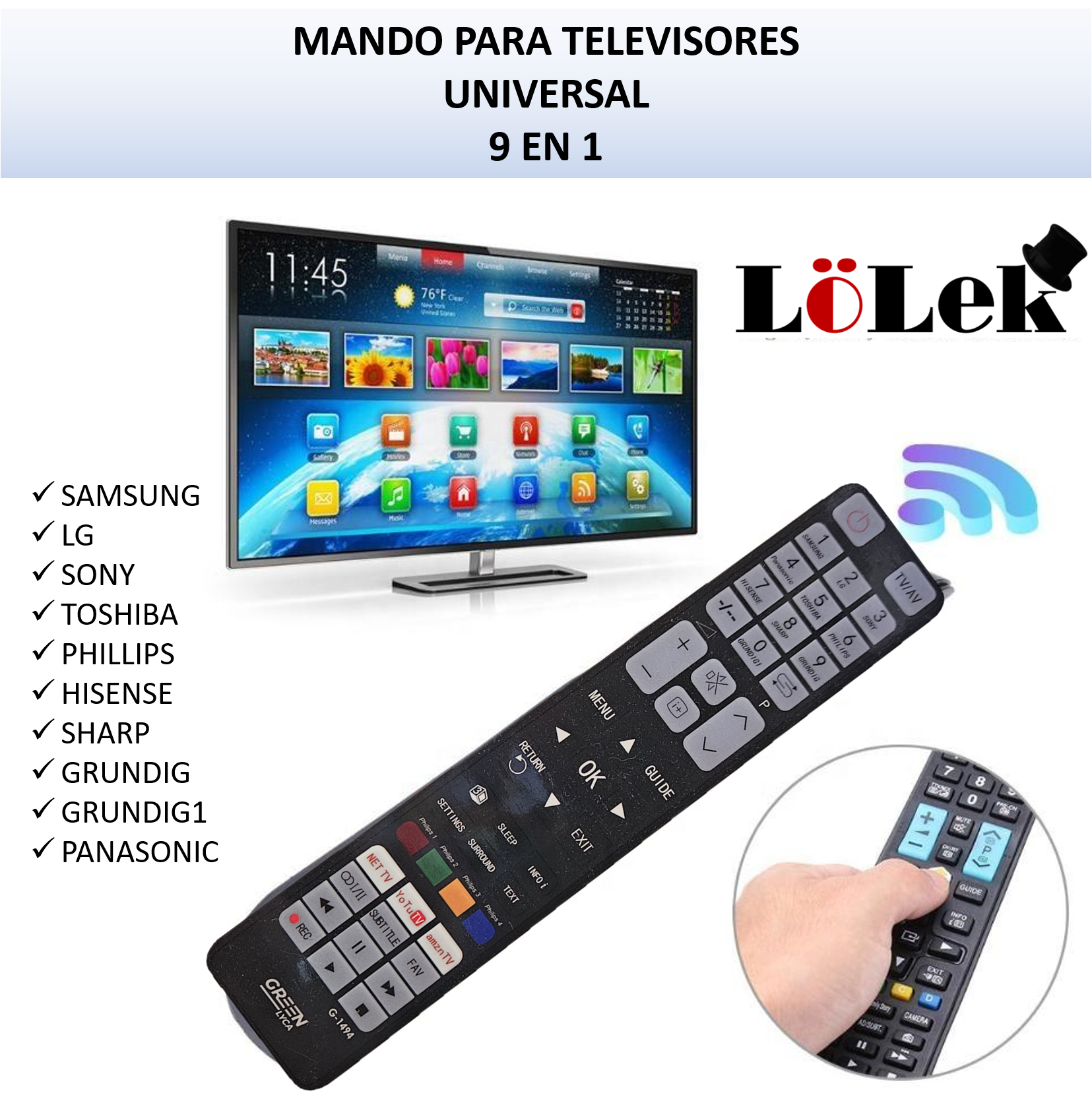 Mando a distancia universal con muchos botones y una pantalla de TV al fondo.