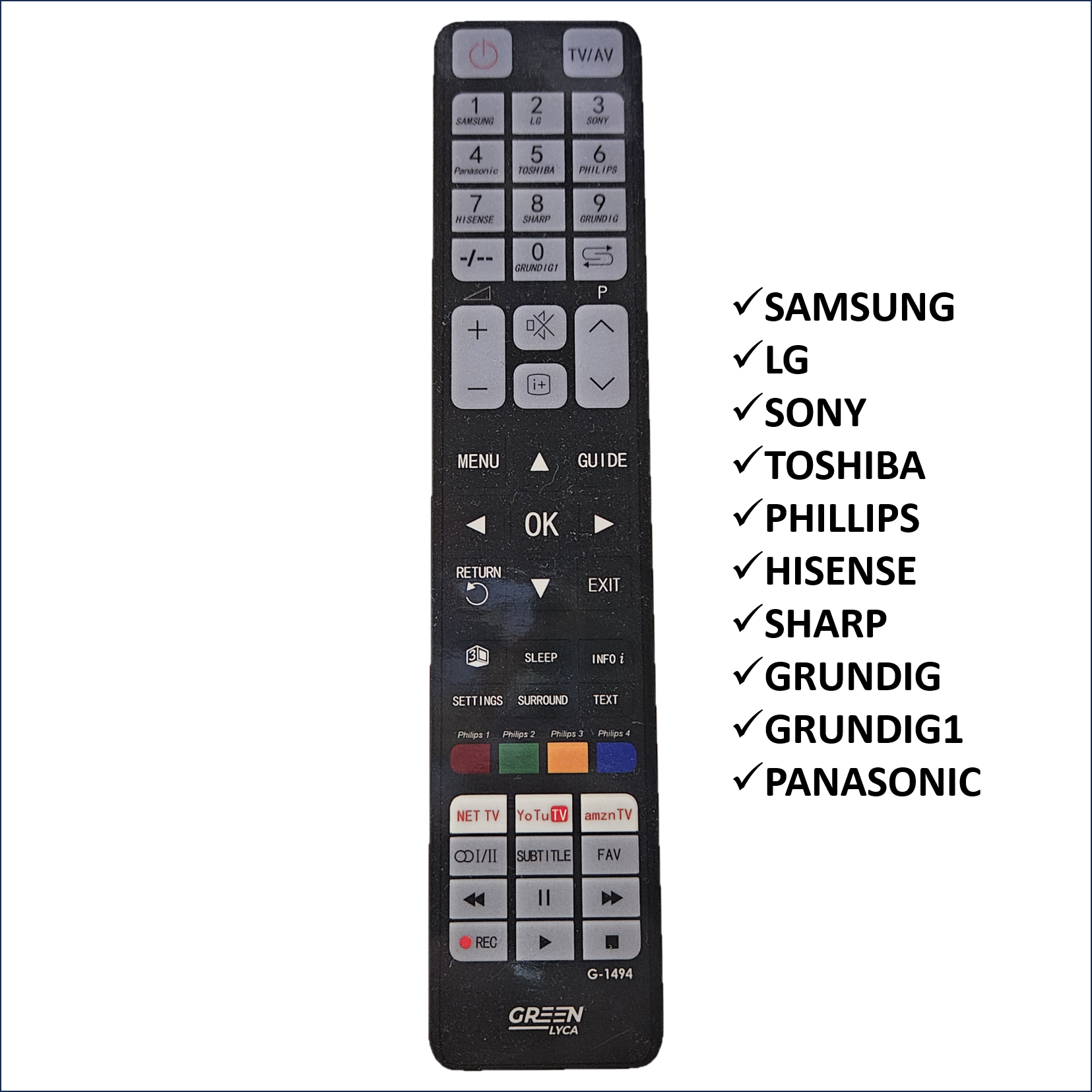 Un mando a distancia negro con muchos botones, que enumera varias marcas de TV como Samsung y LG.