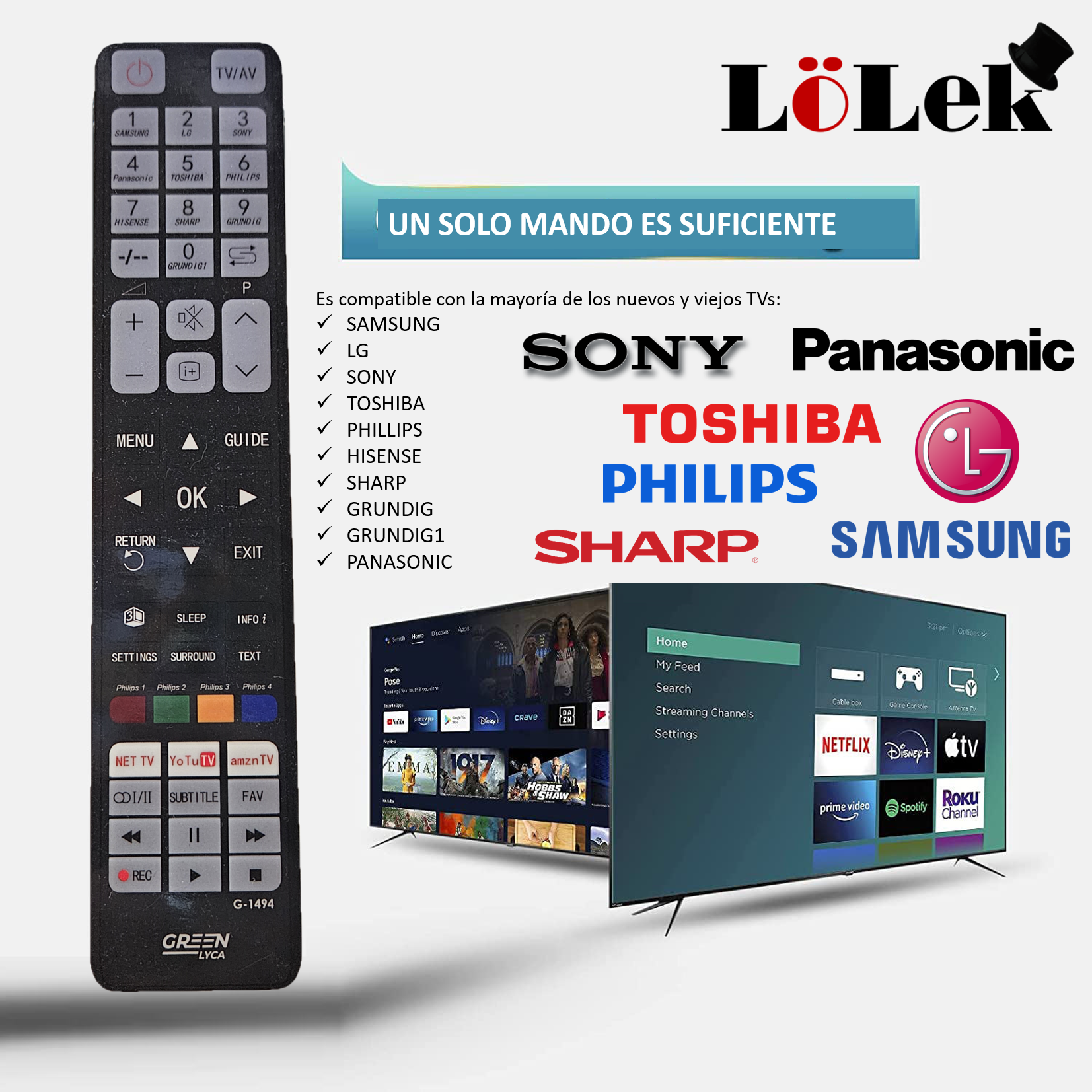 Un mando a distancia de TV con botones, junto a una pantalla de TV con logos de aplicaciones.
