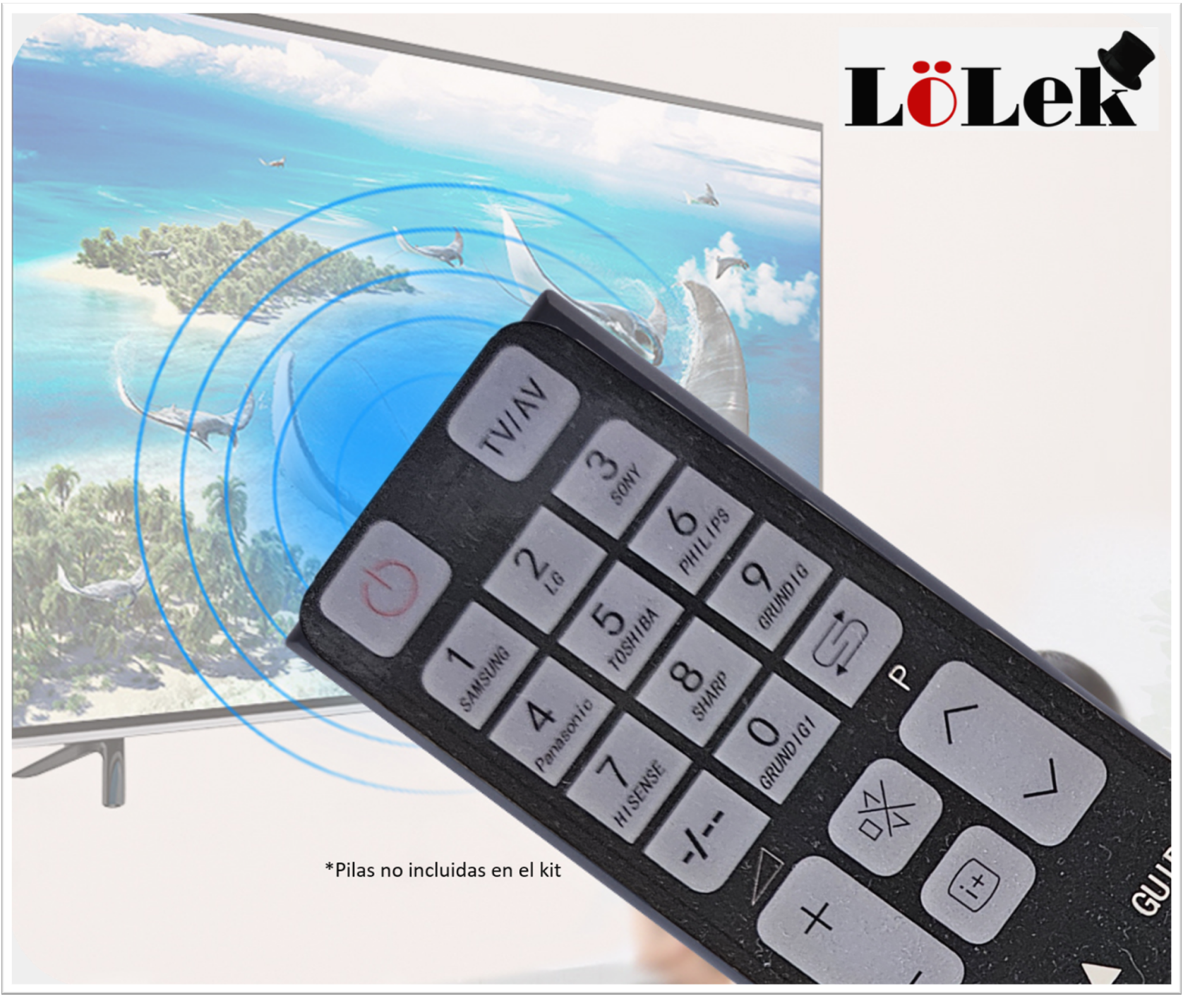 Se muestra un mando a distancia con una pantalla de TV en el fondo, y se muestra un efecto de onda azul.