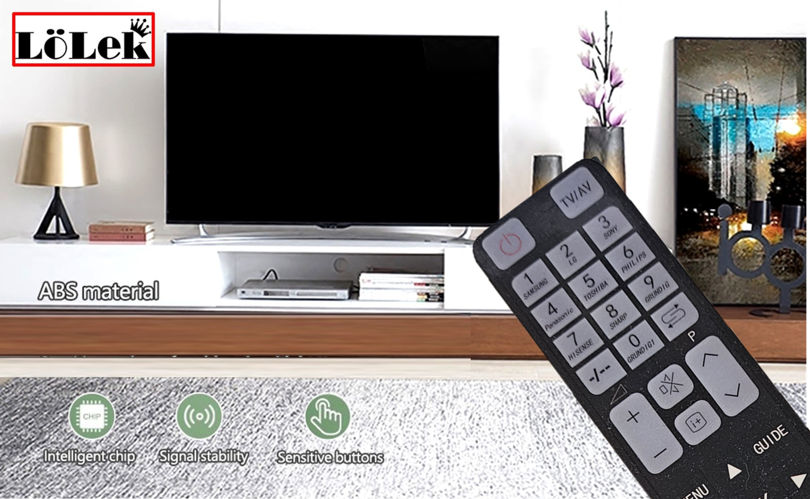 Un mando a distancia de TV, un televisor sobre un soporte blanco y texto sobre material ABS.
