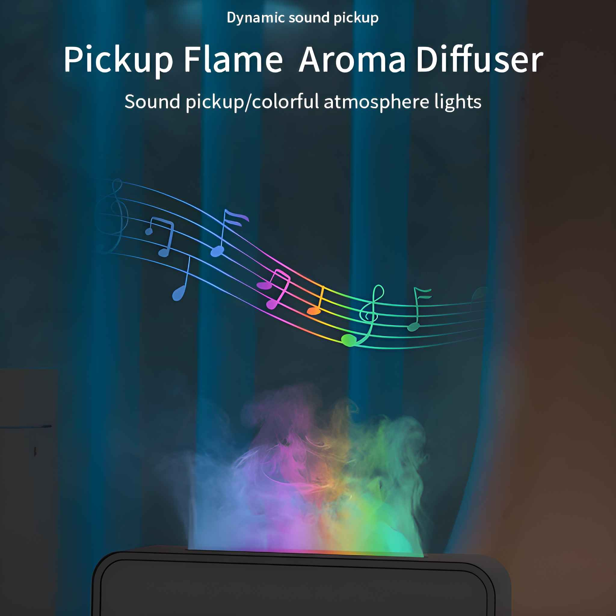 Aromadiffusor, der farbigen Dampf ausstößt, mit Noten darüber und Text über die Tonabnahme.