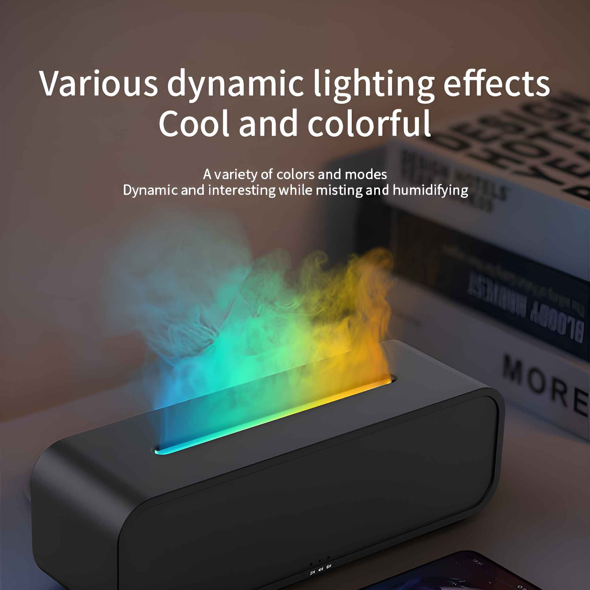 Schwarzer Aromadiffusor mit farbigem Dampf, Text über dynamische Lichteffekte.
