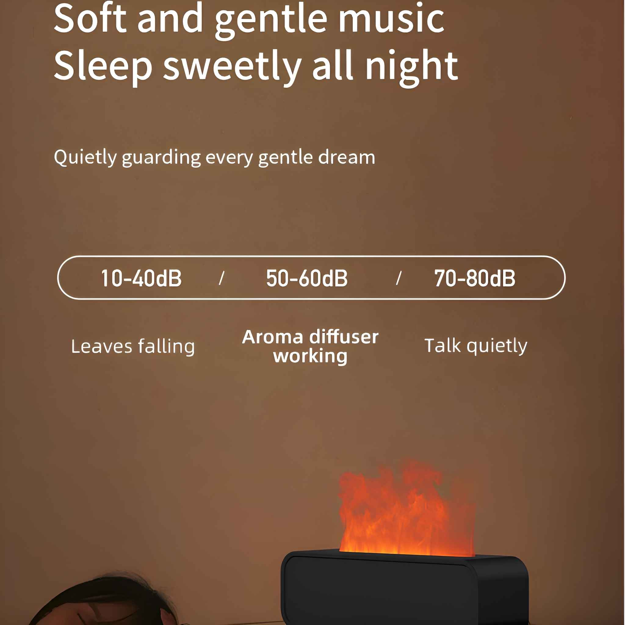 Das Bild zeigt einen Aromadiffusor mit Flammeneffekt und Text über sanfte Musik und Schlaf.