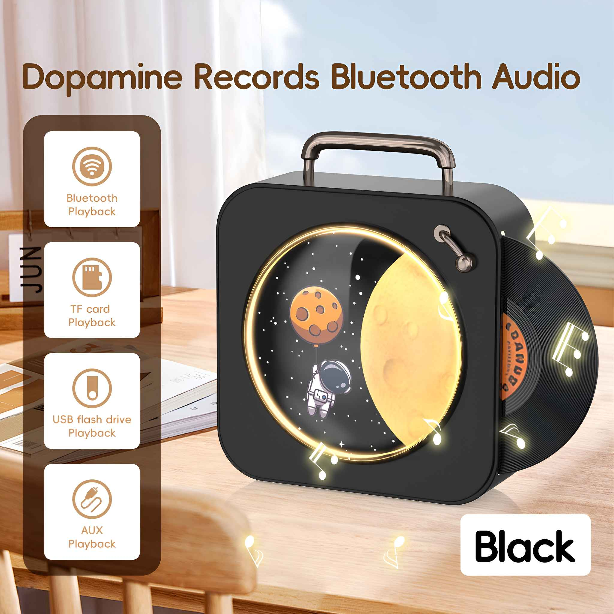 Schwarzes Bluetooth-Audiogerät mit Vinyl-Schallplatte, Astronaut und Wiedergabe-Symbolen.