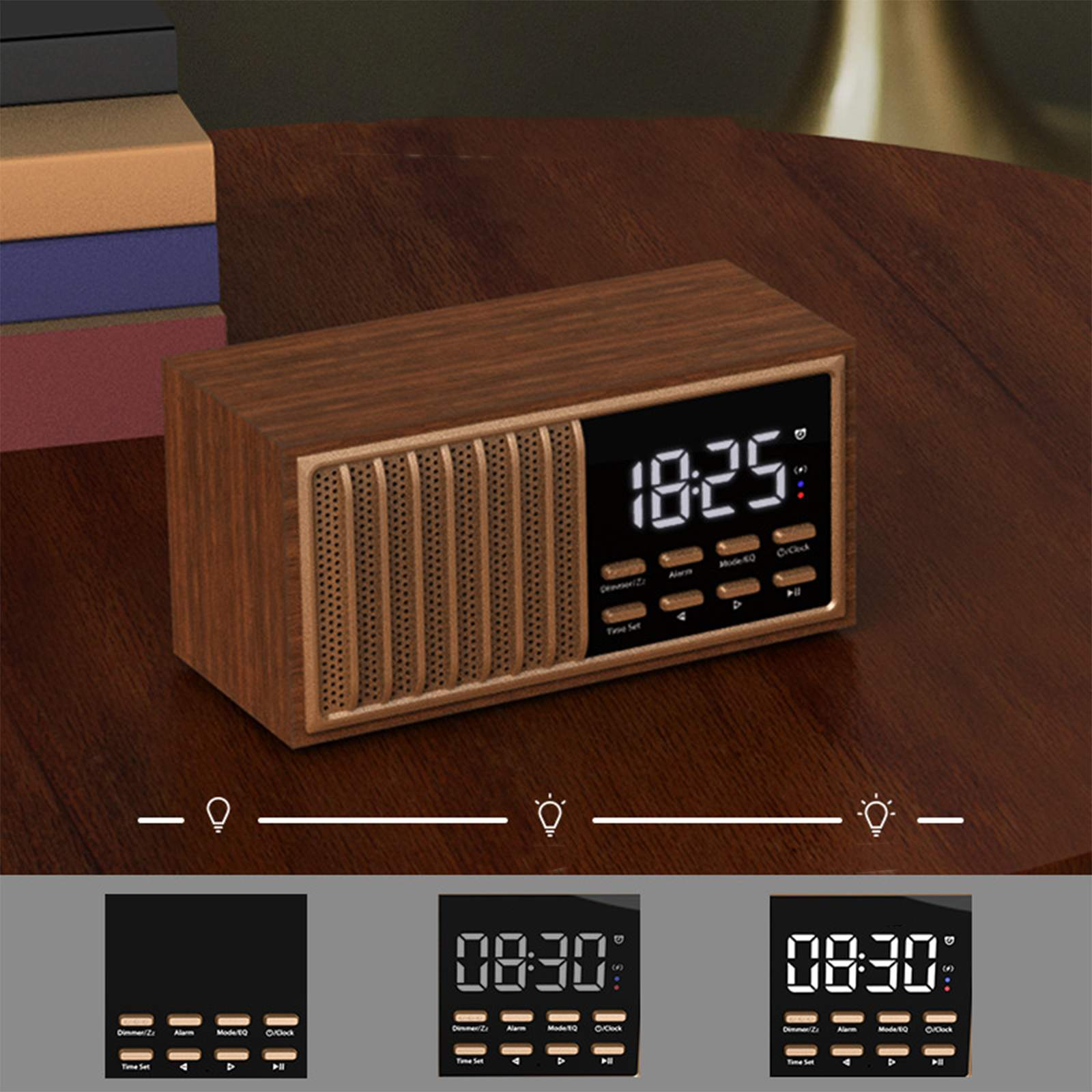 Eine digitale Uhr im Retro-Stil aus Holz auf einem Tisch, die die Uhrzeit anzeigt. Am unteren Bildschirmrand gibt es drei Lichtoptionen.
