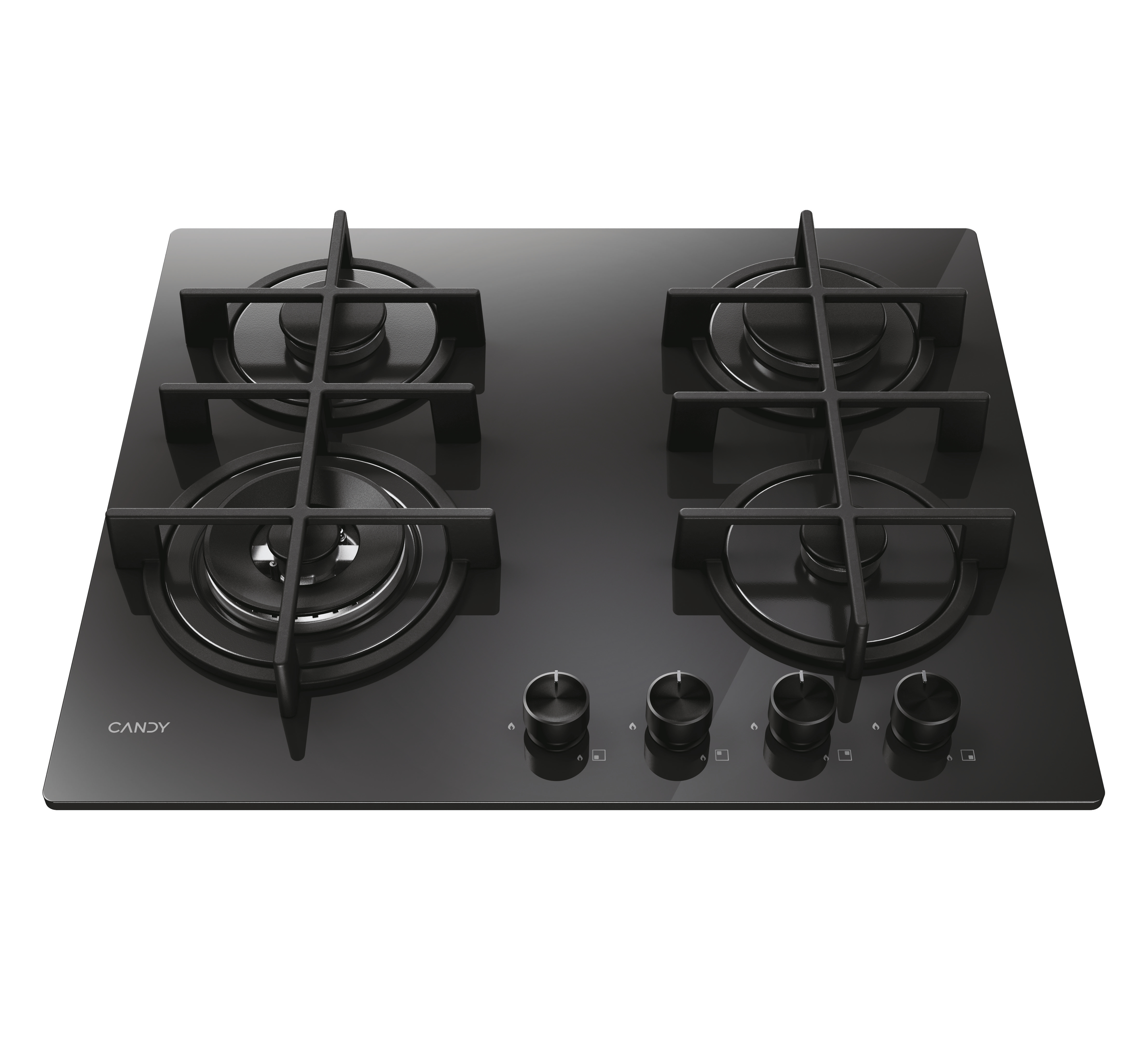 Cocina de gas negra con cuatro quemadores y rejillas negras. Perillas plateadas. Fondo blanco.