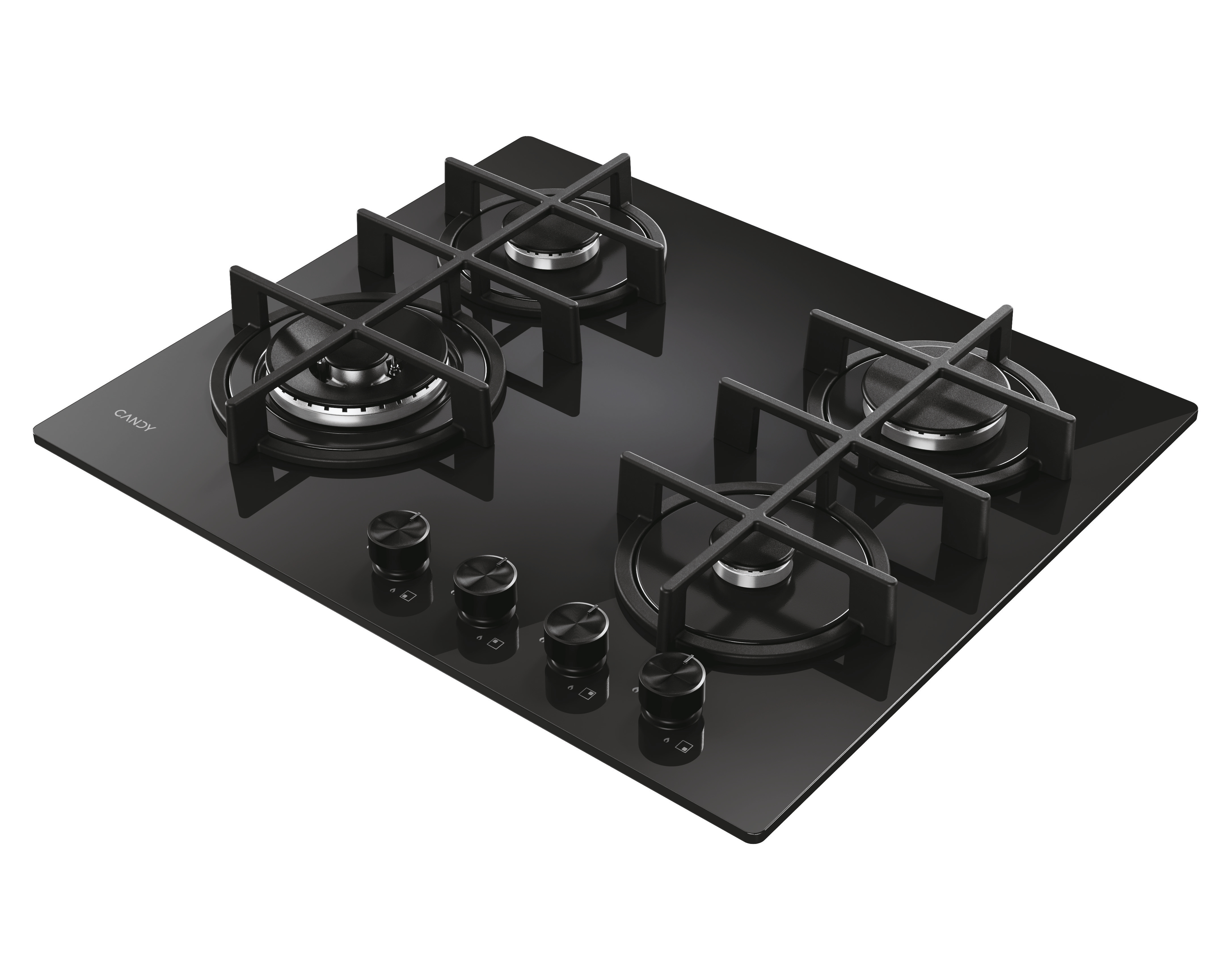 Cocina de gas de vidrio negro con cuatro quemadores y rejillas negras. Perillas plateadas. Fondo blanco.