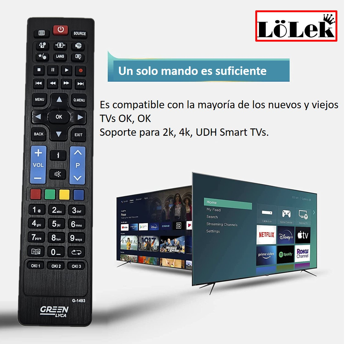 Un mando a distancia negro con muchos botones, texto en español e imágenes de Smart TV.