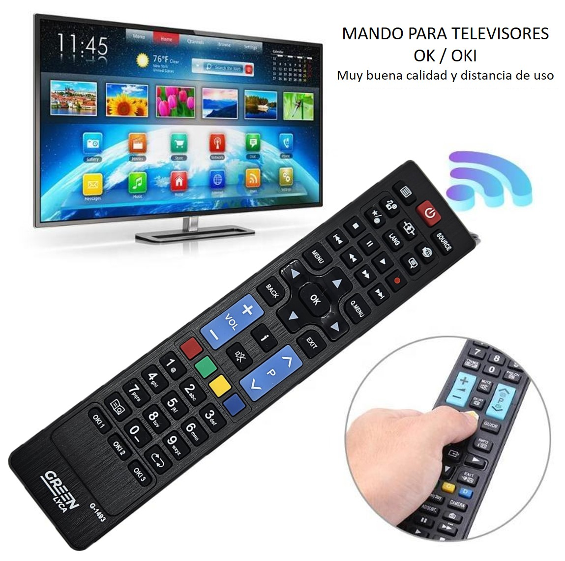 Persona sosteniendo un mando negro con un TV mostrando interfaz y escena de playa.