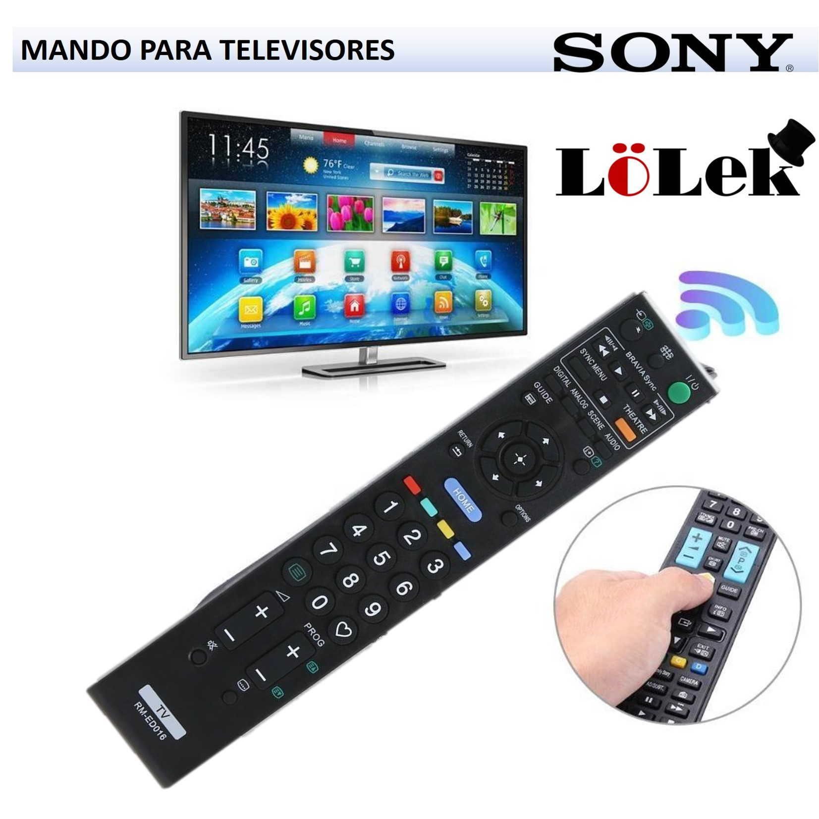 Persona sosteniendo un mando a distancia con TV mostrando interfaz y escena de playa. Logo Sony.