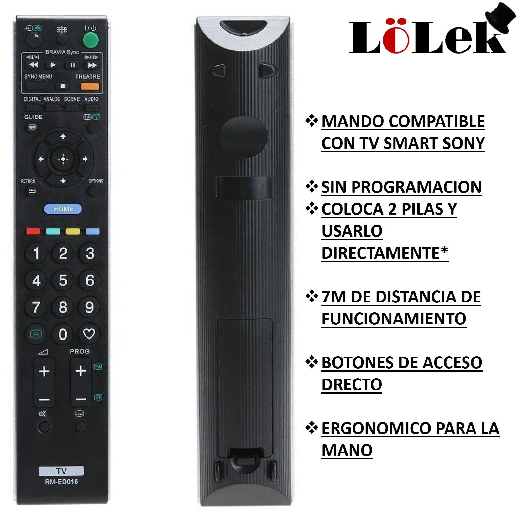 Se muestra un mando a distancia de TV para televisores inteligentes Sony con botones y un compartimento para pilas. El texto en español describe las funciones.