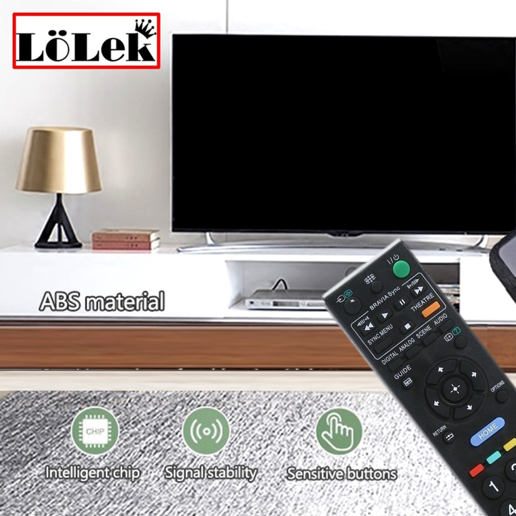 Un televisor y dos mandos a distancia. Uno tiene muchos botones, el otro es negro y tiene un botón de inicio.