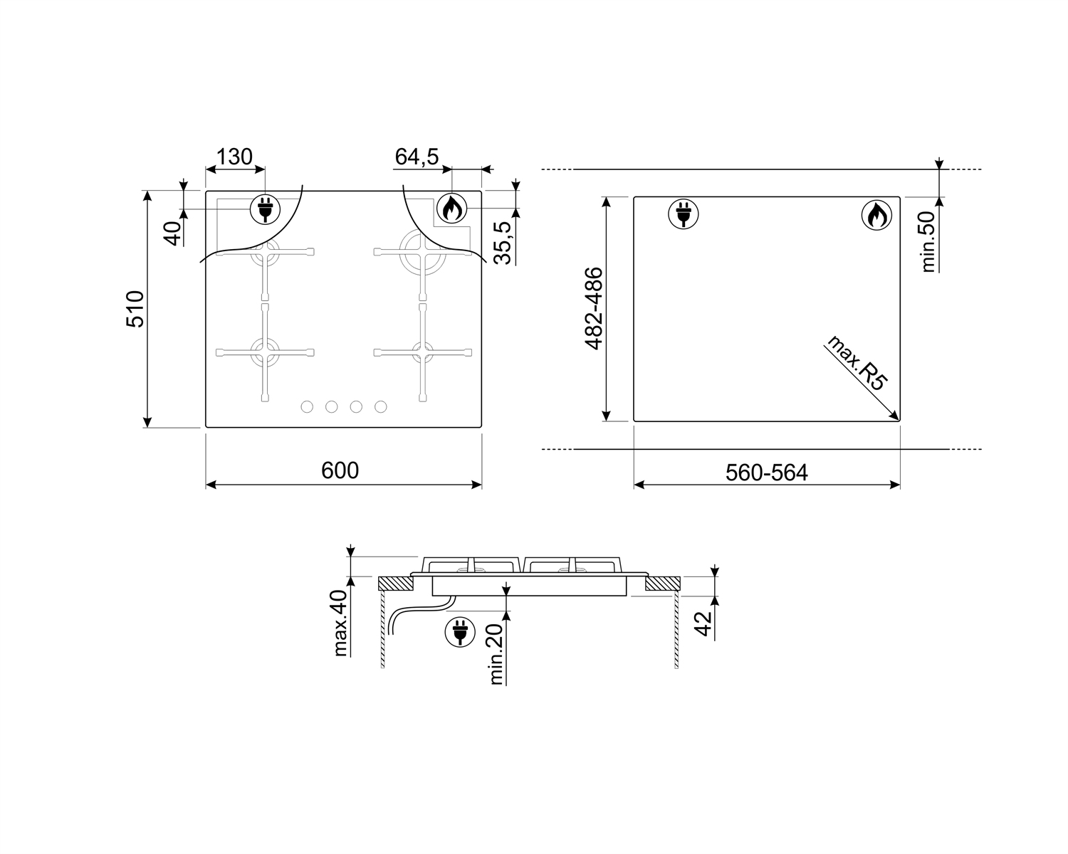 Disegno tecnico di un piano cottura, che mostra le dimensioni e i dettagli per l'installazione, con una vista dall'alto e una laterale.