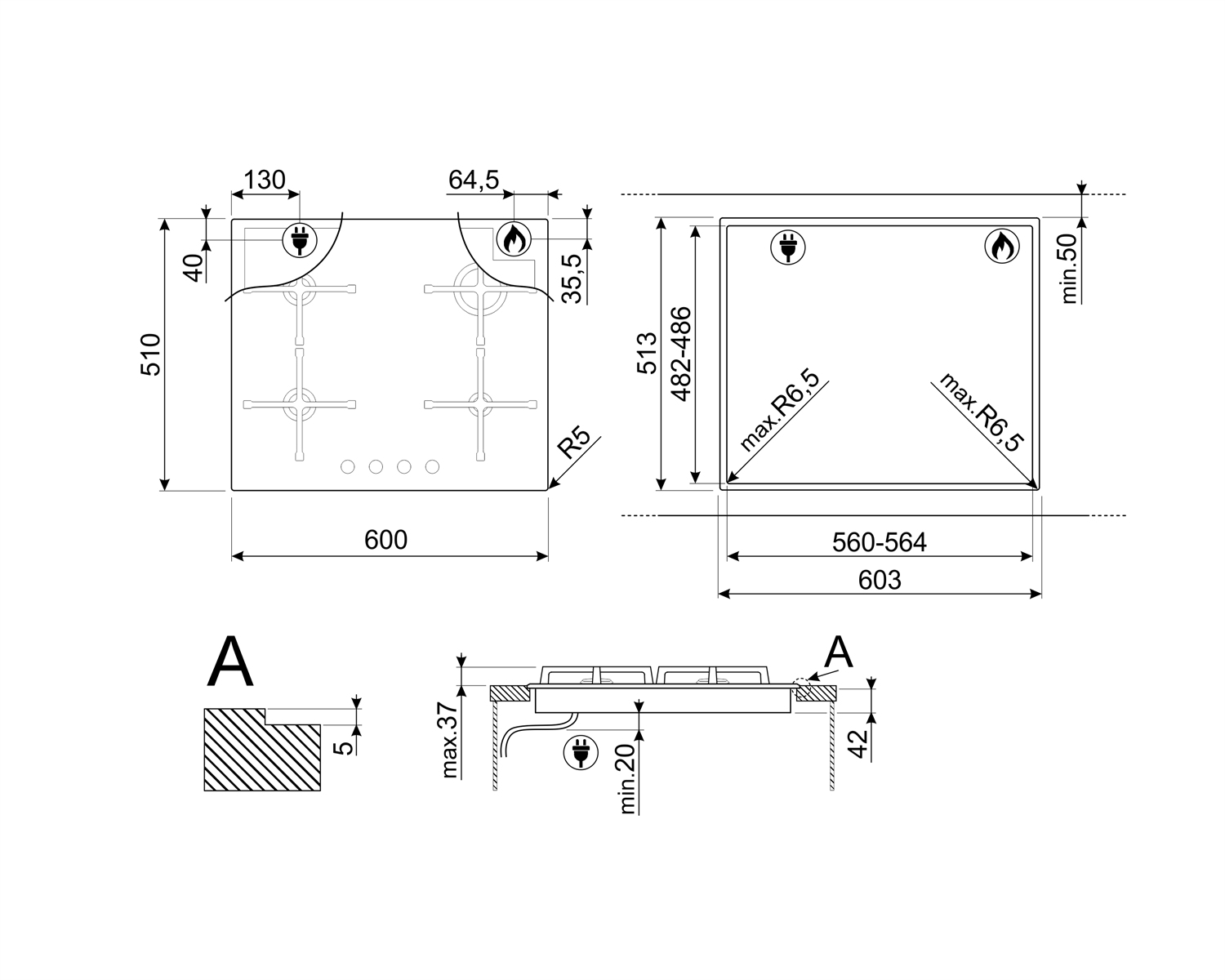 Disegno tecnico di un piano cottura con dimensioni.