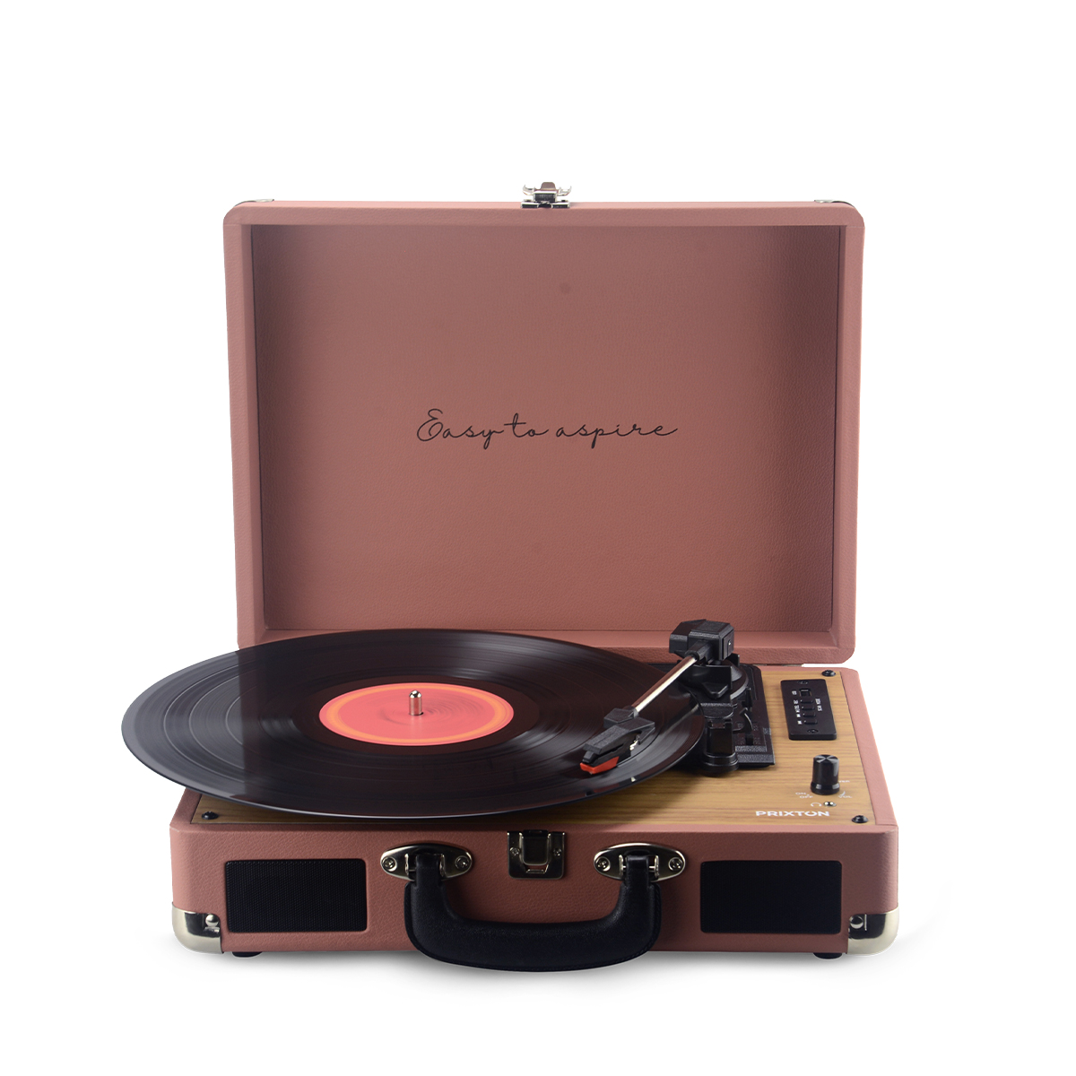 Zabytkowy gramofon w różowej walizce, otwarty do odtwarzania.