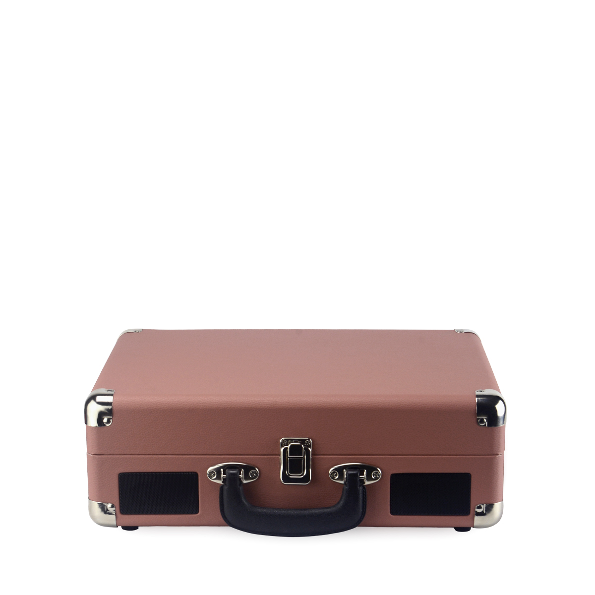 Różowy gramofon w walizce, zamknięty, na białym tle.