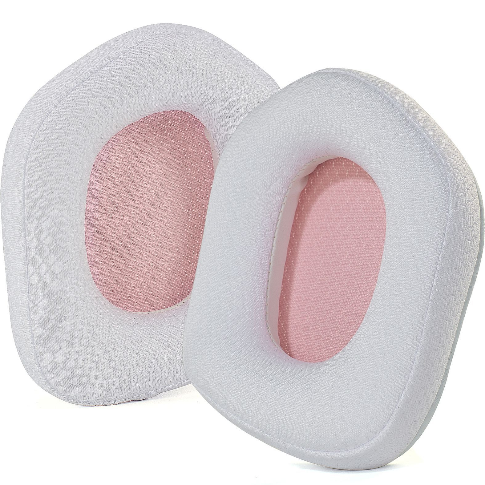 Due cuscinetti auricolari bianchi e rosa. Sono circolari e hanno un interno rosa.
