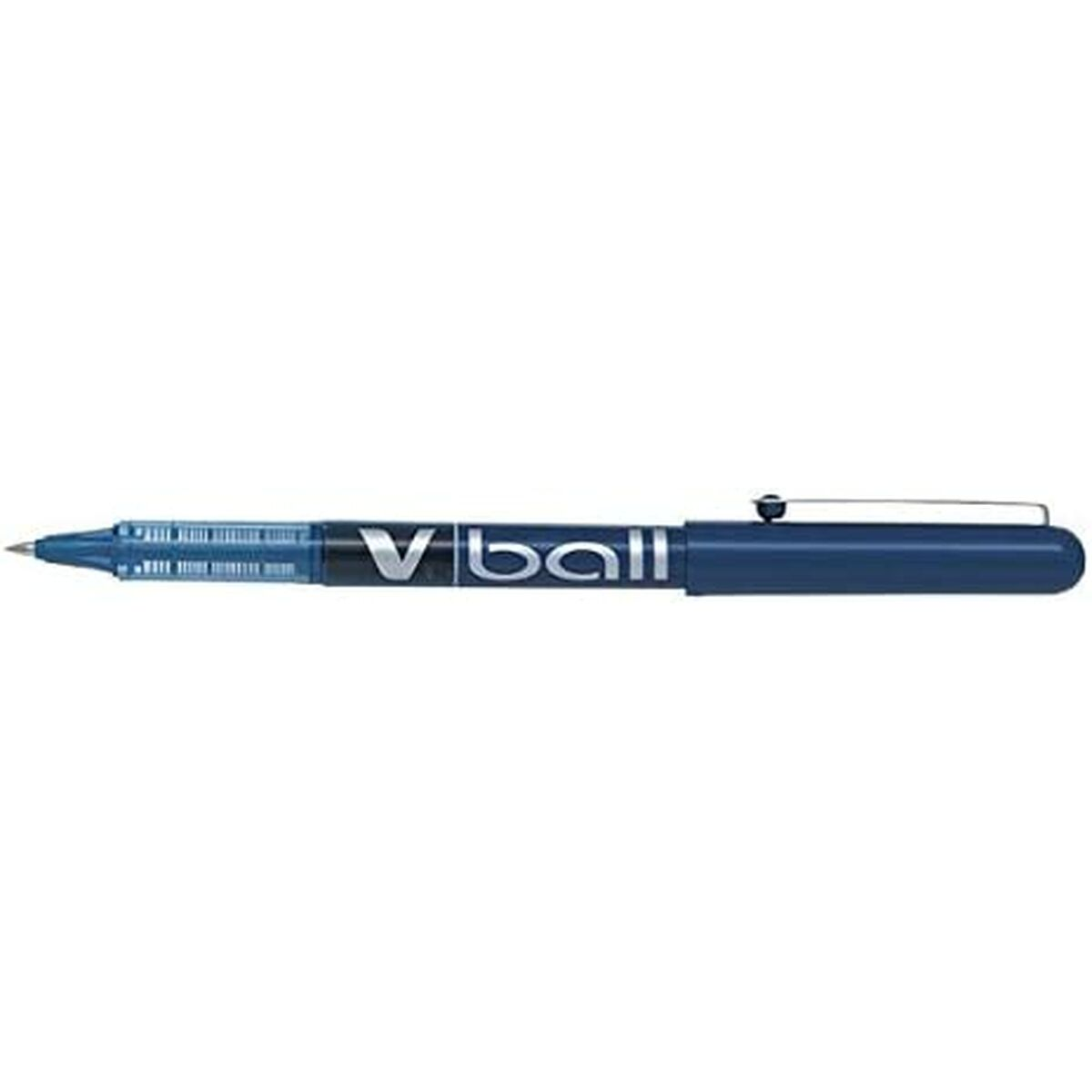 Ein blauer Vball-Stift mit aufgesetzter Kappe, liegend auf einer weißen Oberfläche. Der Markenname 'Vball' ist sichtbar.