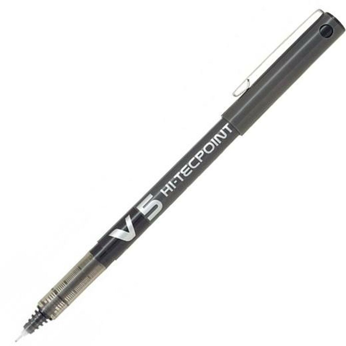 Schwarzer Stift mit der Aufschrift 'V5 HI-TECPOINT'. Der Stift ist abgewinkelt und auf weißem Grund.