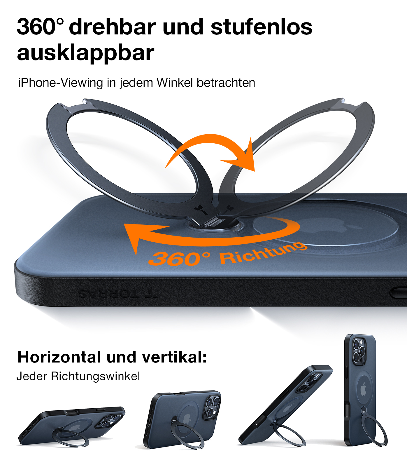 Una funda para iPhone con soporte de anillo, mostrada desde varios ángulos, con texto en alemán.