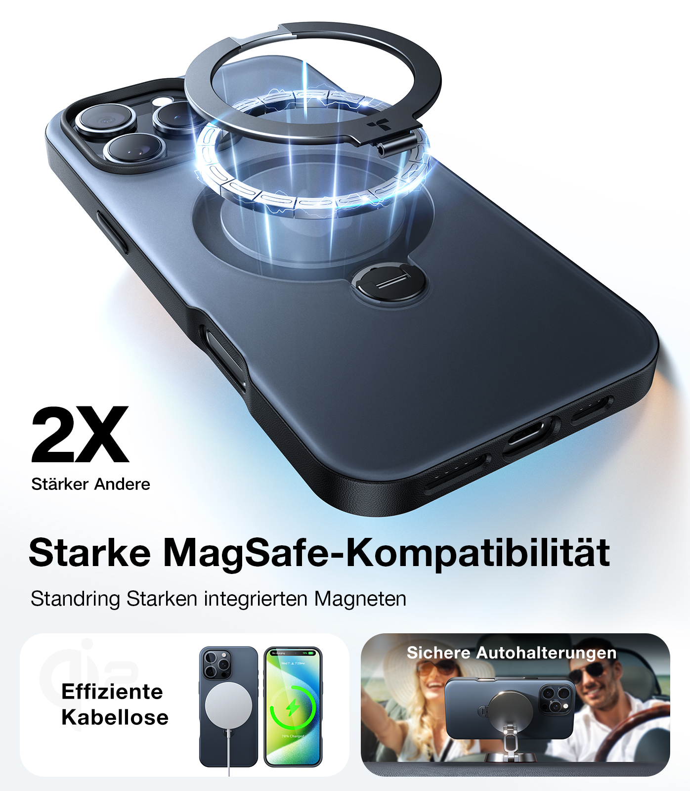 Una funda de teléfono con un soporte de anillo se muestra con un teléfono. El texto describe la compatibilidad MagSafe.