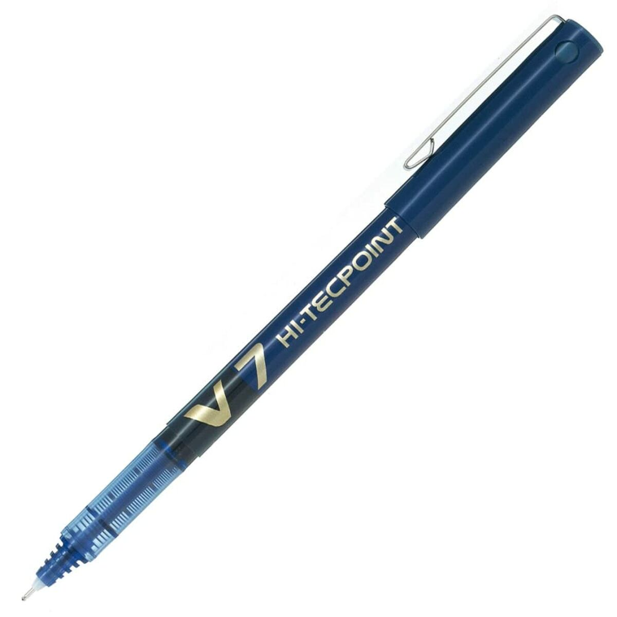 Ein blauer Stift mit silbernem Clip. Auf dem Stift steht "HI-TECPOINT V7".