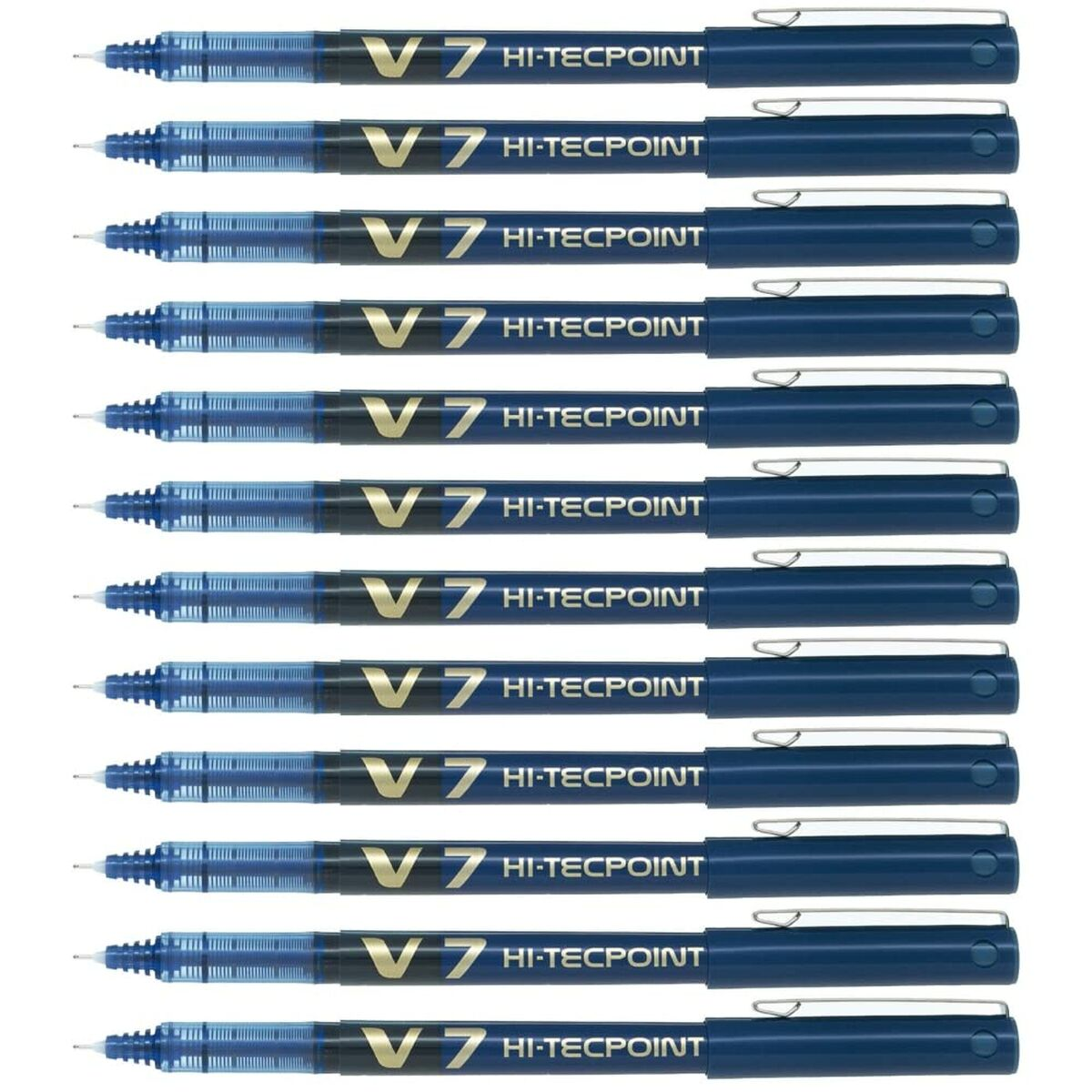 Eine Sammlung von zwölf blauen V7 Hi-Tecpoint-Stiften, ordentlich auf einer weißen Oberfläche angeordnet, mit Kappen.