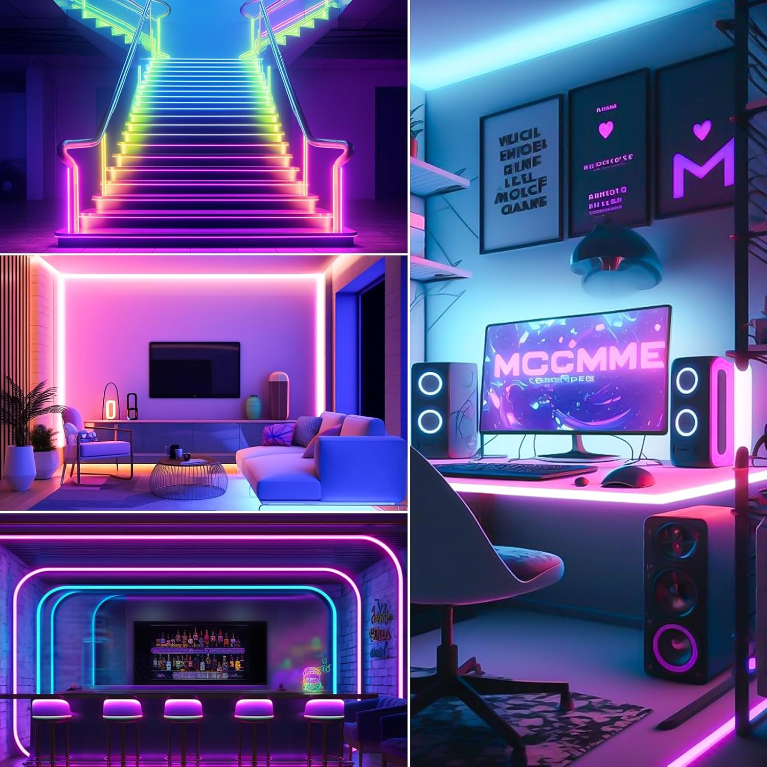 Collage von bunten, neonbeleuchteten Räumen: Treppe, Gaming-Setup, Bar und Wohnzimmer.