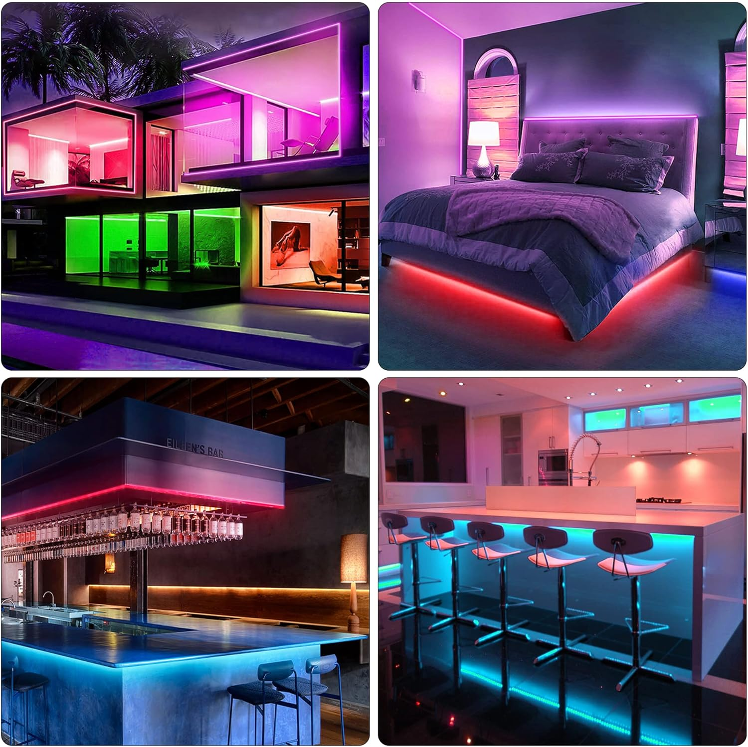 Szenen mit RGB-LED-Streifen beleuchtet: Haus, Schlafzimmer, Bar und Küche. Farben ändern sich mit der Stimmung.