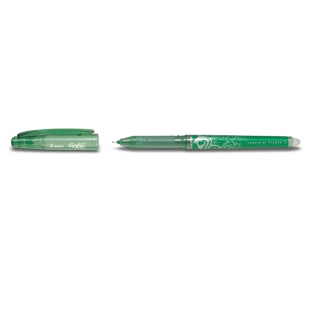 Grüner Pilot Frixion-Stift, Kappe ab, neben der Kappe. Zeigt das Detail 'durch Reibung entfernen'.