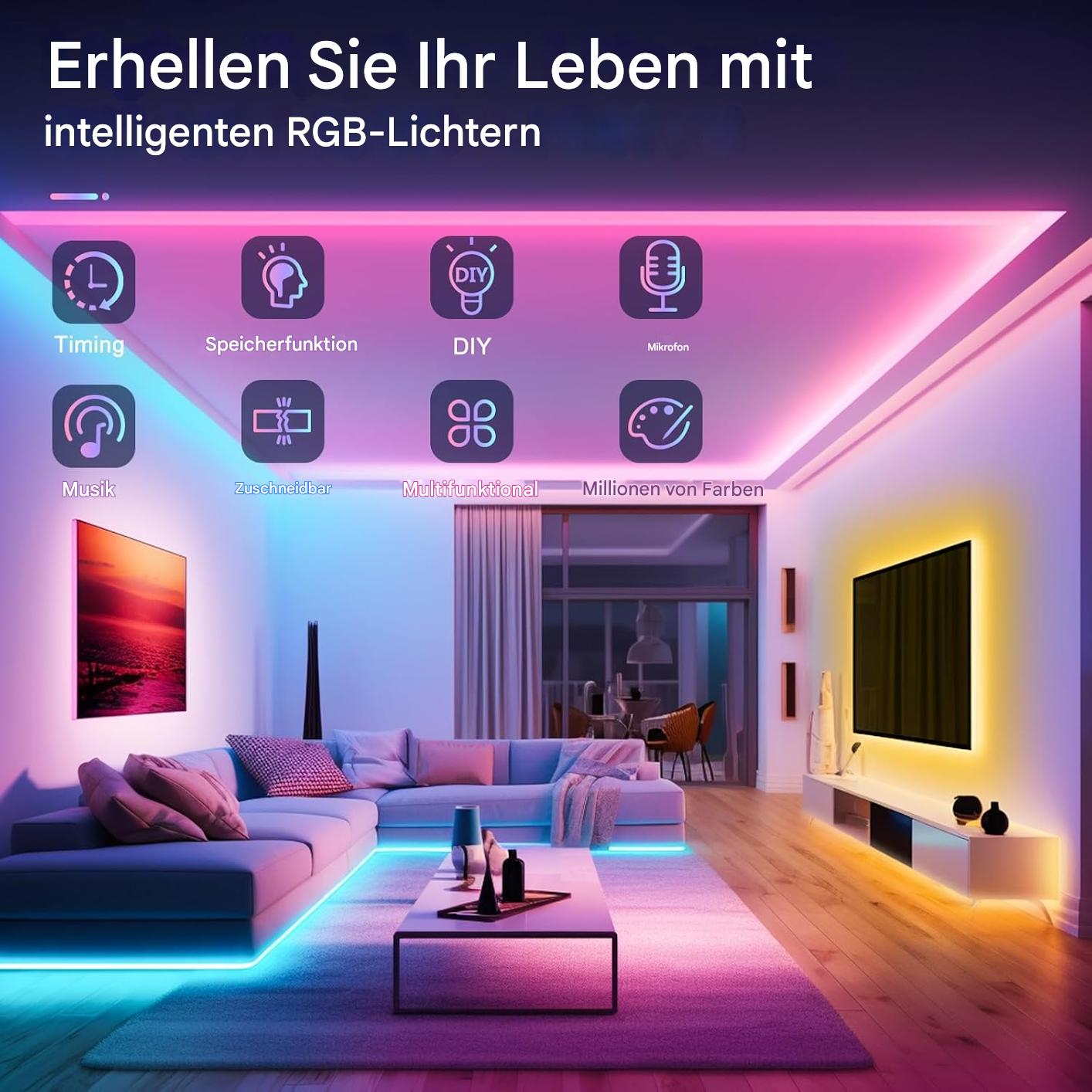 Ein Wohnzimmer mit bunten LED-Streifen beleuchtet. Die Beleuchtung befindet sich um Sofa, TV und Boden.