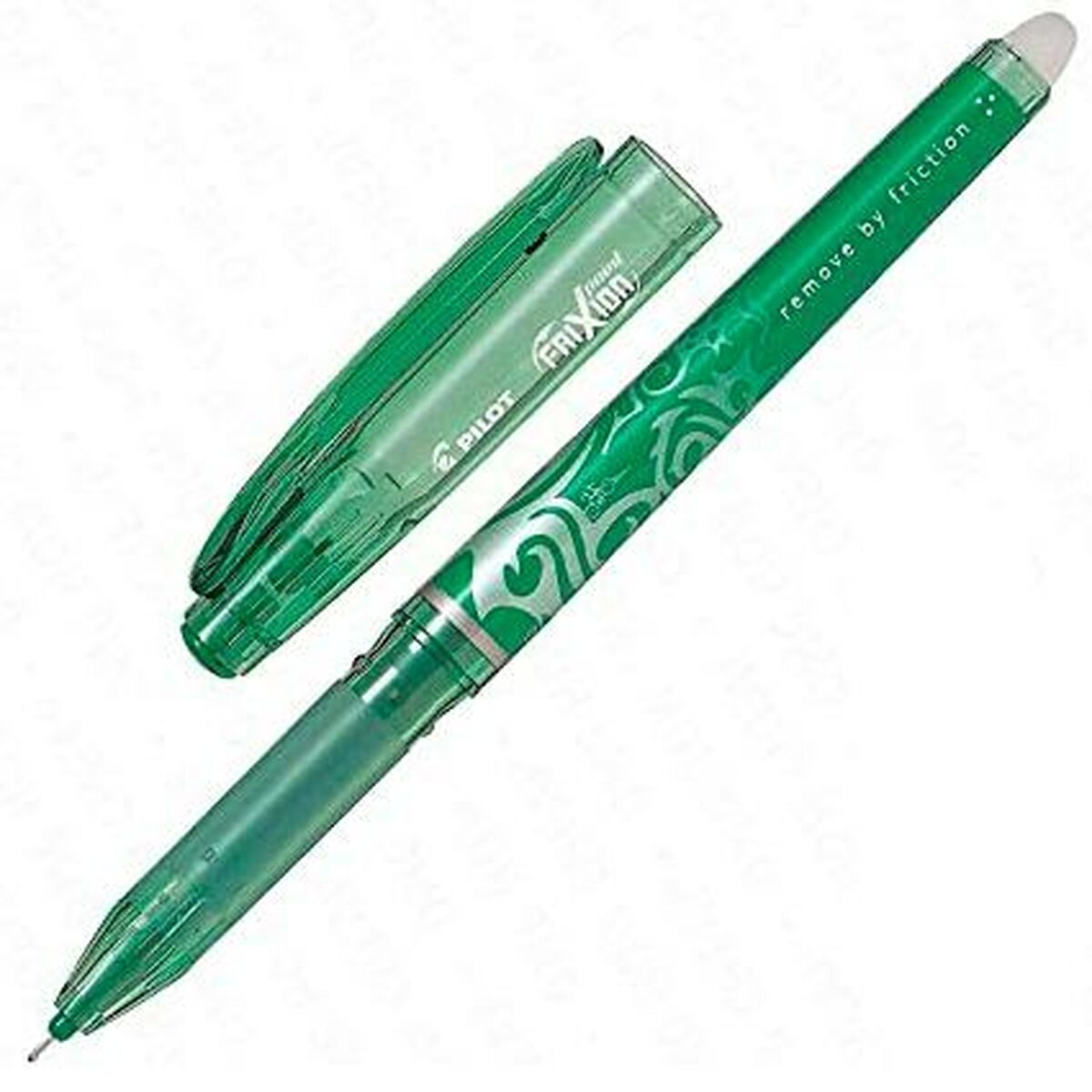 Grüner Pilot Frixion Stift, offen, mit Kappe daneben. Zeigt das Design des Stifts und 'durch Reibung entfernen'.