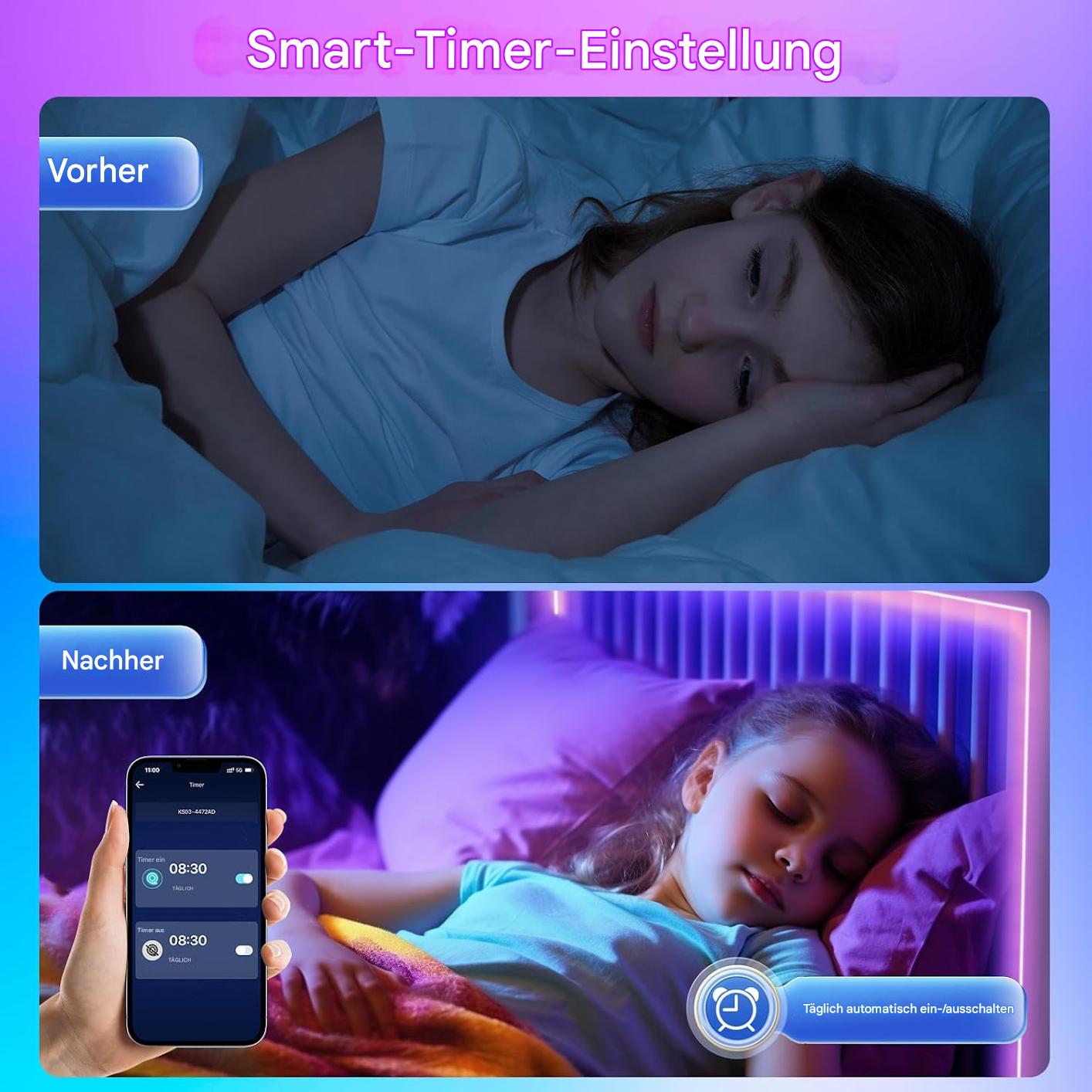 Ein geteiltes Bild, das ein Mädchen vor und nach der Verwendung eines Smart-Timers für LED-Lichter zeigt.