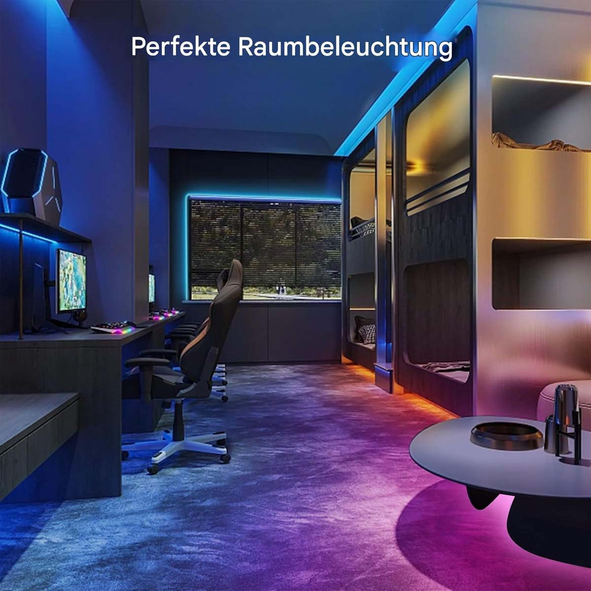 Ein Zimmer mit Neonlicht, mit Schreibtischen, Computern und Etagenbetten, beschriftet mit 'Perfekte Raumbeleuchtung'.