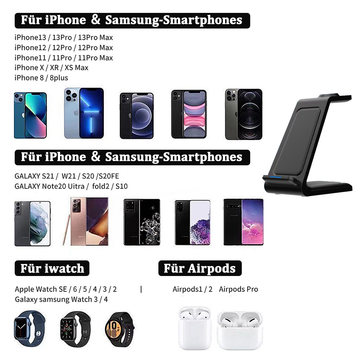 Marketingmaterial für iPhone- und Samsung-Smartphones. Liste kompatibler Modelle und kabelloses Ladegerät gezeigt.