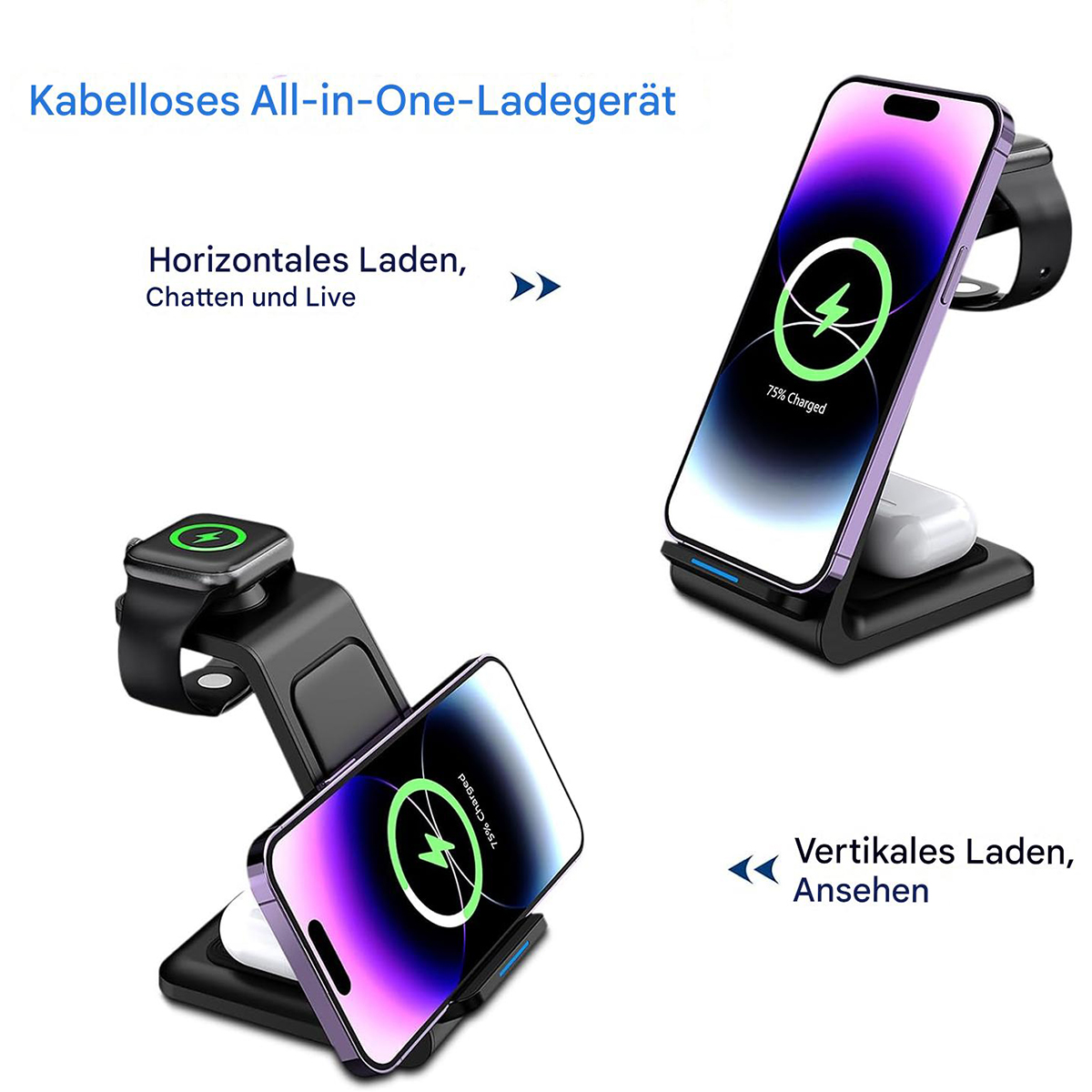 Kabelloses All-in-One-Ladegerät mit Telefon, Uhr und Ohrhörern. Zwei Telefone zeigen das Aufladen, eines horizontal, das andere vertikal.