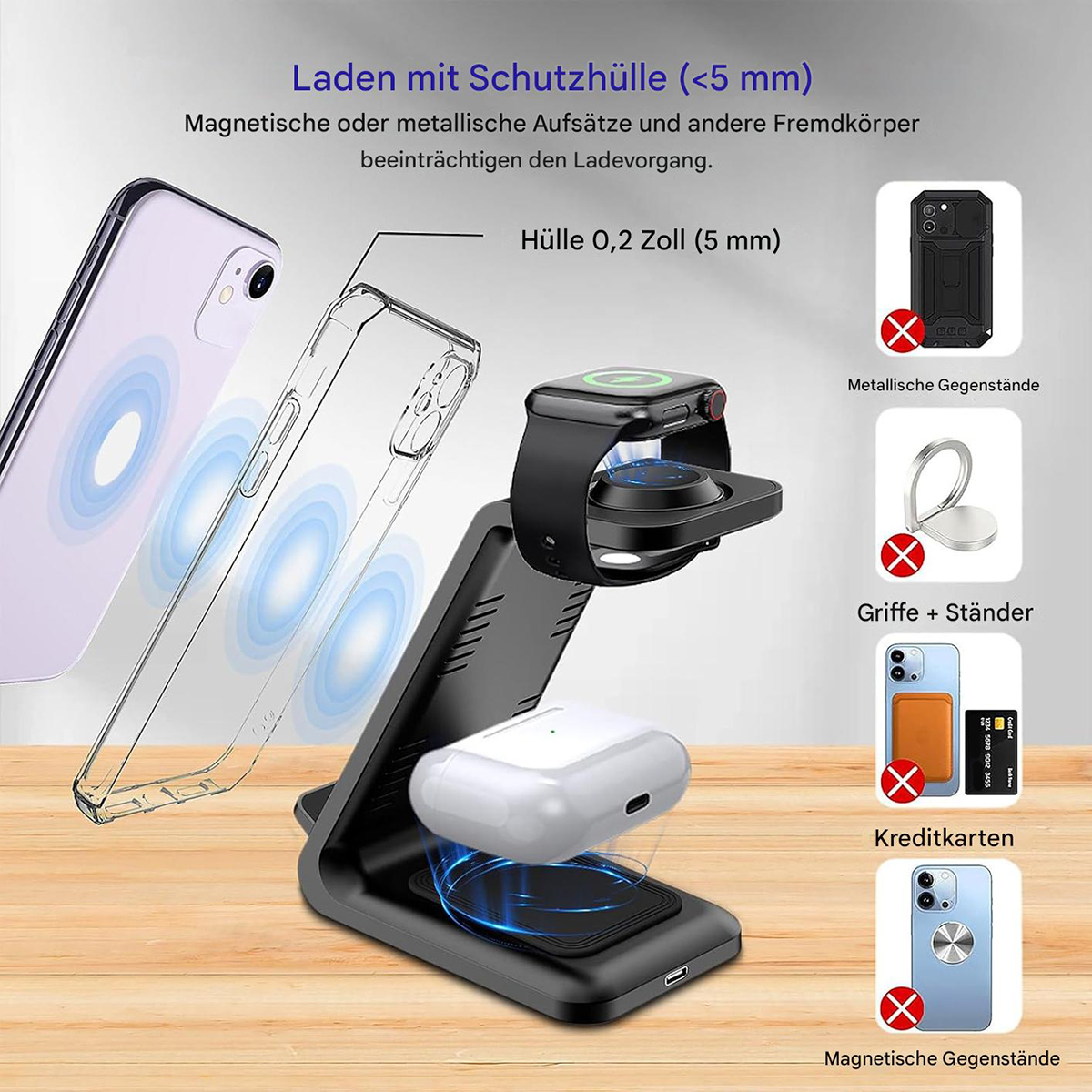 Kabellose Ladestation mit Telefon-, Uhren- und Kopfhörerladegeräten. Telefonhülle, Uhr und AirPods werden gezeigt.