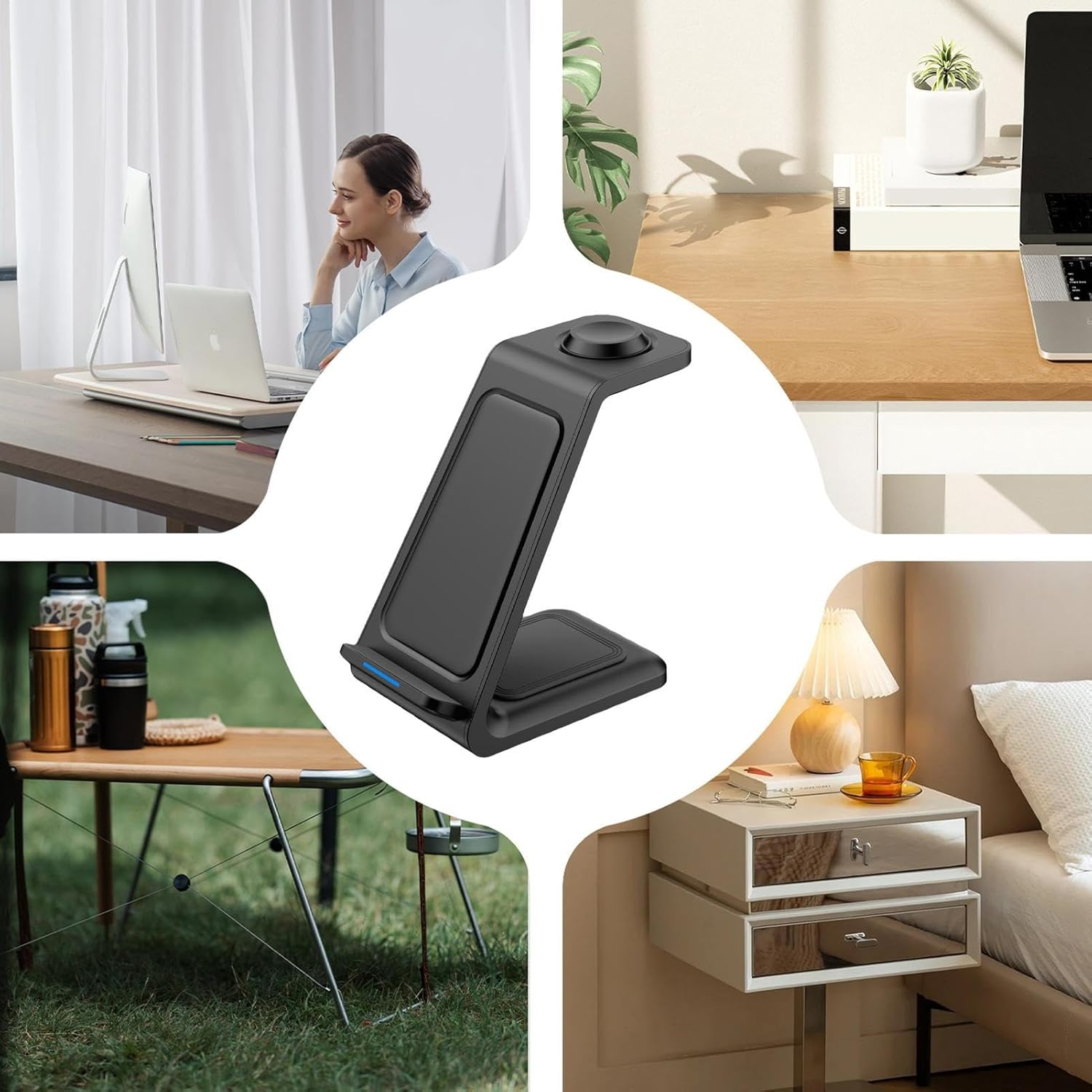 Eine Collage von Bildern, darunter eine Ladestation, eine Frau, die einen Laptop benutzt, ein Tisch und ein Bett.