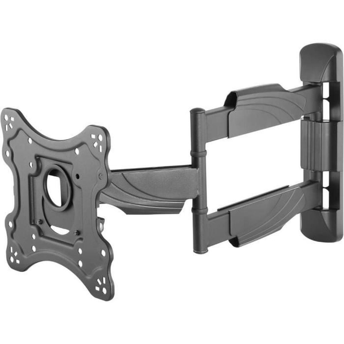 Eine schwarze TV-Wandhalterung, vollständig ausgefahren. Die Halterung verfügt über eine Montageplatte und Gelenkarme.