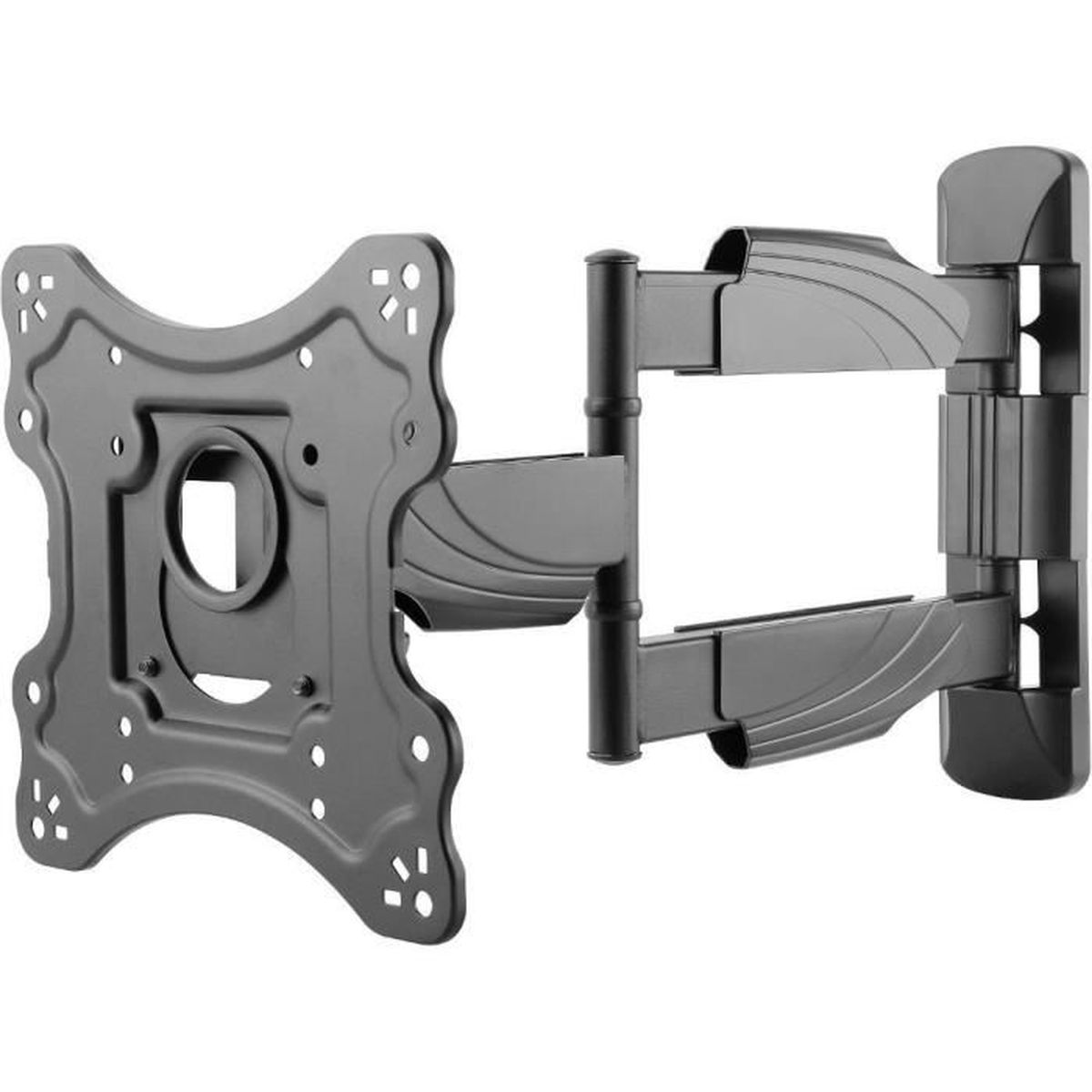 Eine schwarze TV-Wandhalterung. Die Halterung ist vollständig ausgefahren. Das Design umfasst eine Montageplatte und Arme.