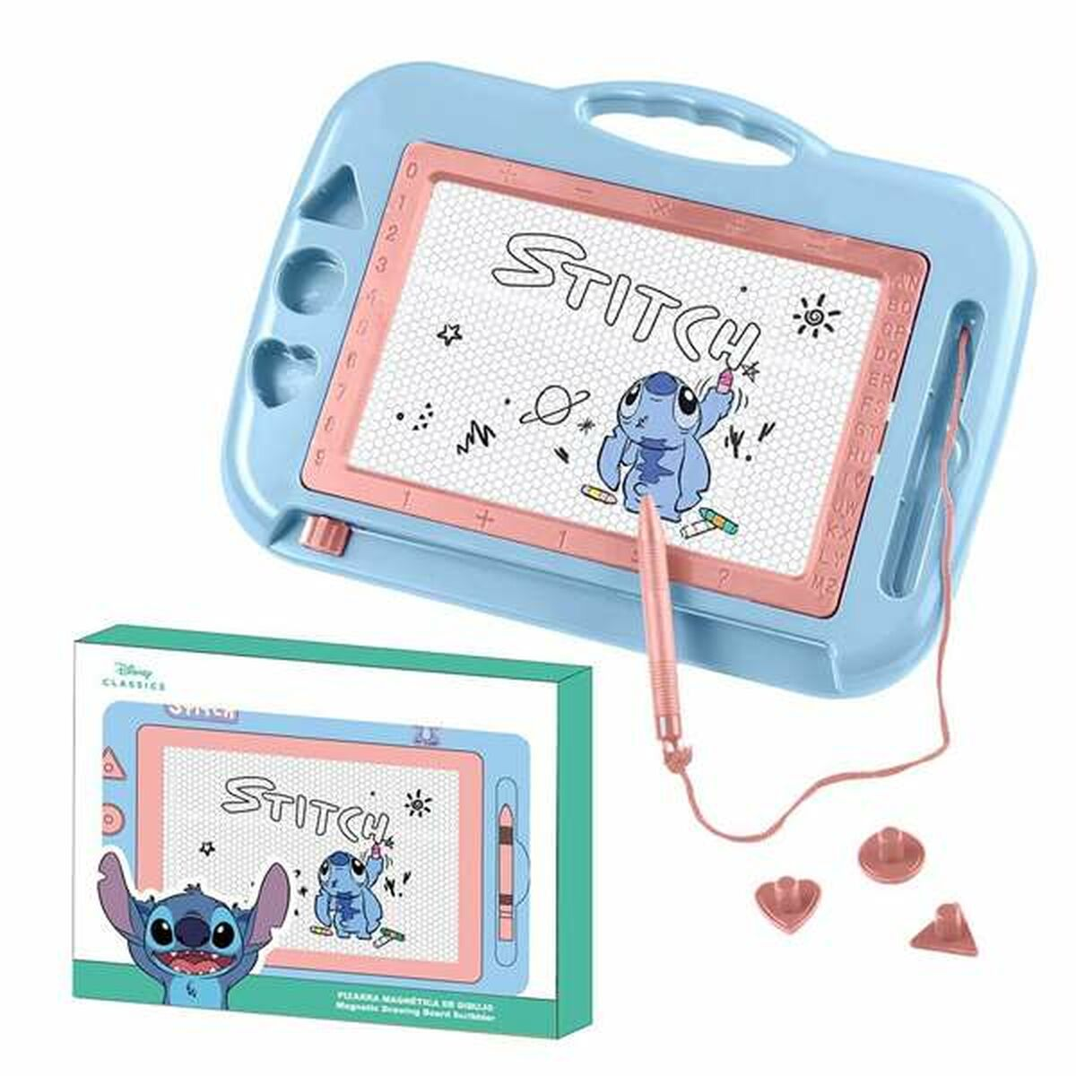 Eine blaue magnetische Zeichenfläche mit Stift und Stitch-Zeichnung. Enthält eine Box mit Stitch darauf.