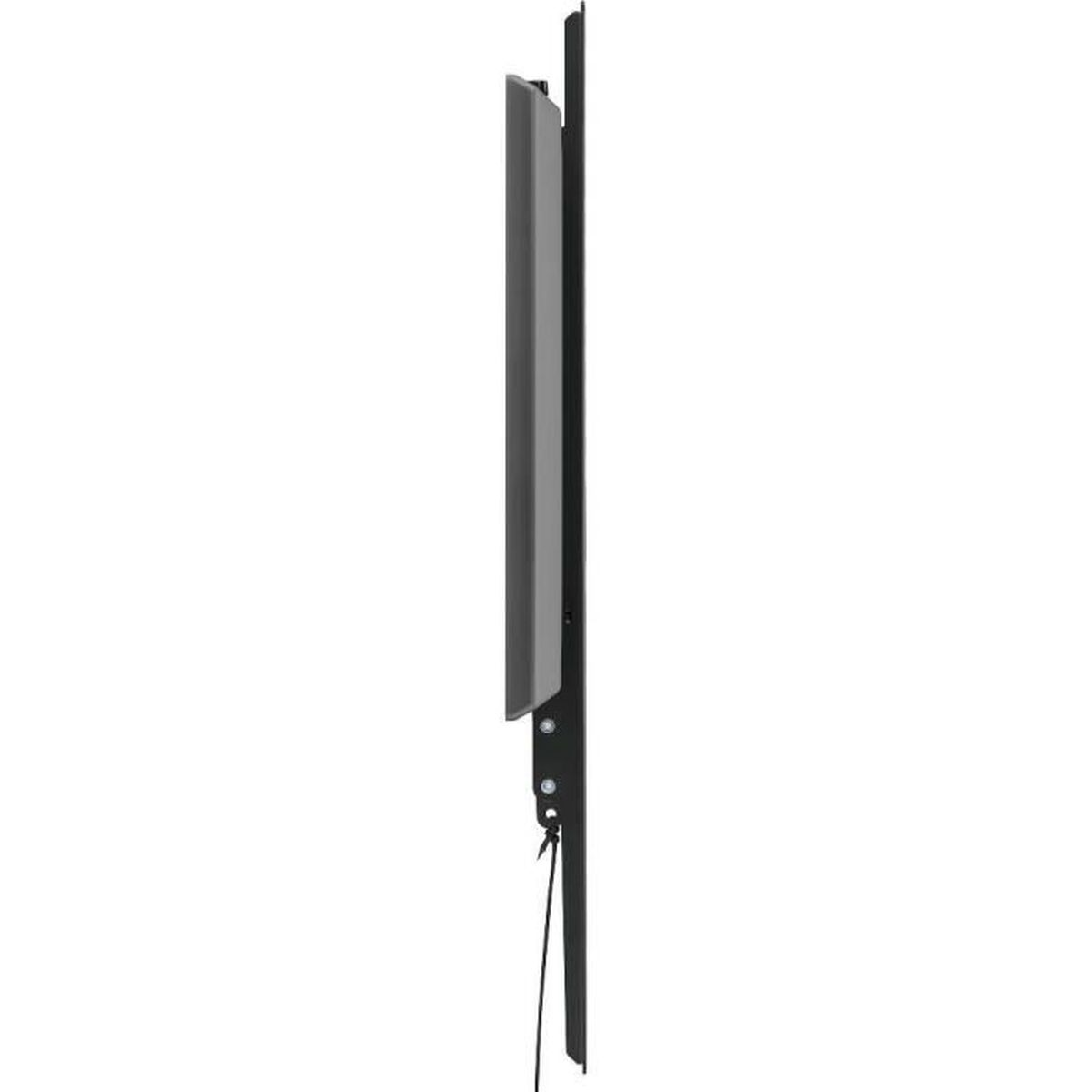 Seitenansicht einer schwarzen TV-Halterung. Die Halterung ist schlank und einfach, mit Kabel.