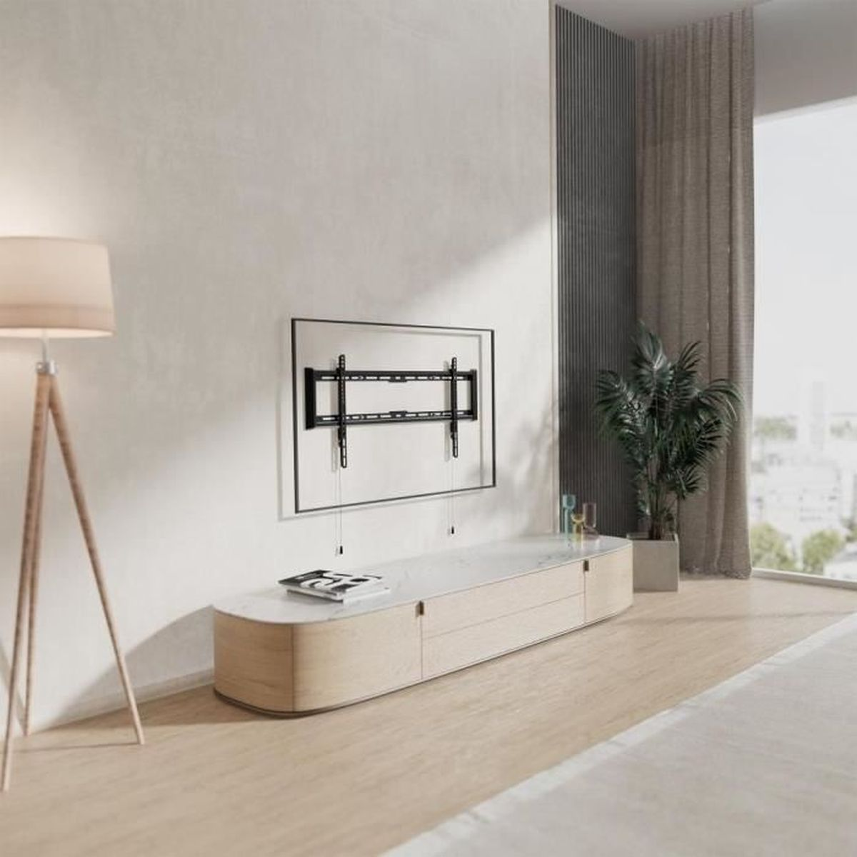 Ein modernes Wohnzimmer mit Fernseher und Wandhalterung. Möbel: Konsole, Stehlampe.