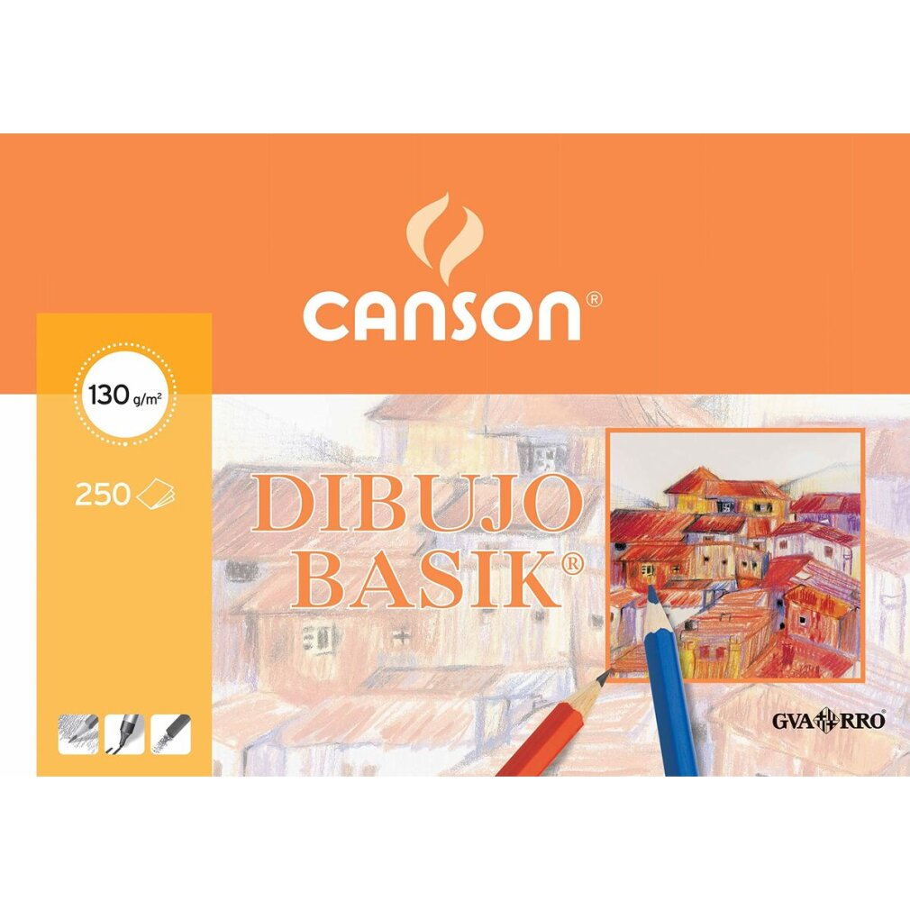 Orangenes Papierpaket mit Zeichnung und Bleistiften. Es zeigt ein 'Canson'-Logo und spanischen Text.